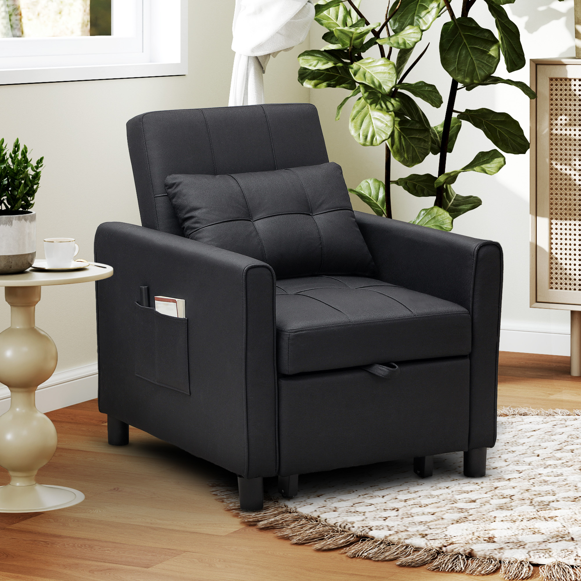 Linen-Look Single Chair Bed - Black_voghion.com