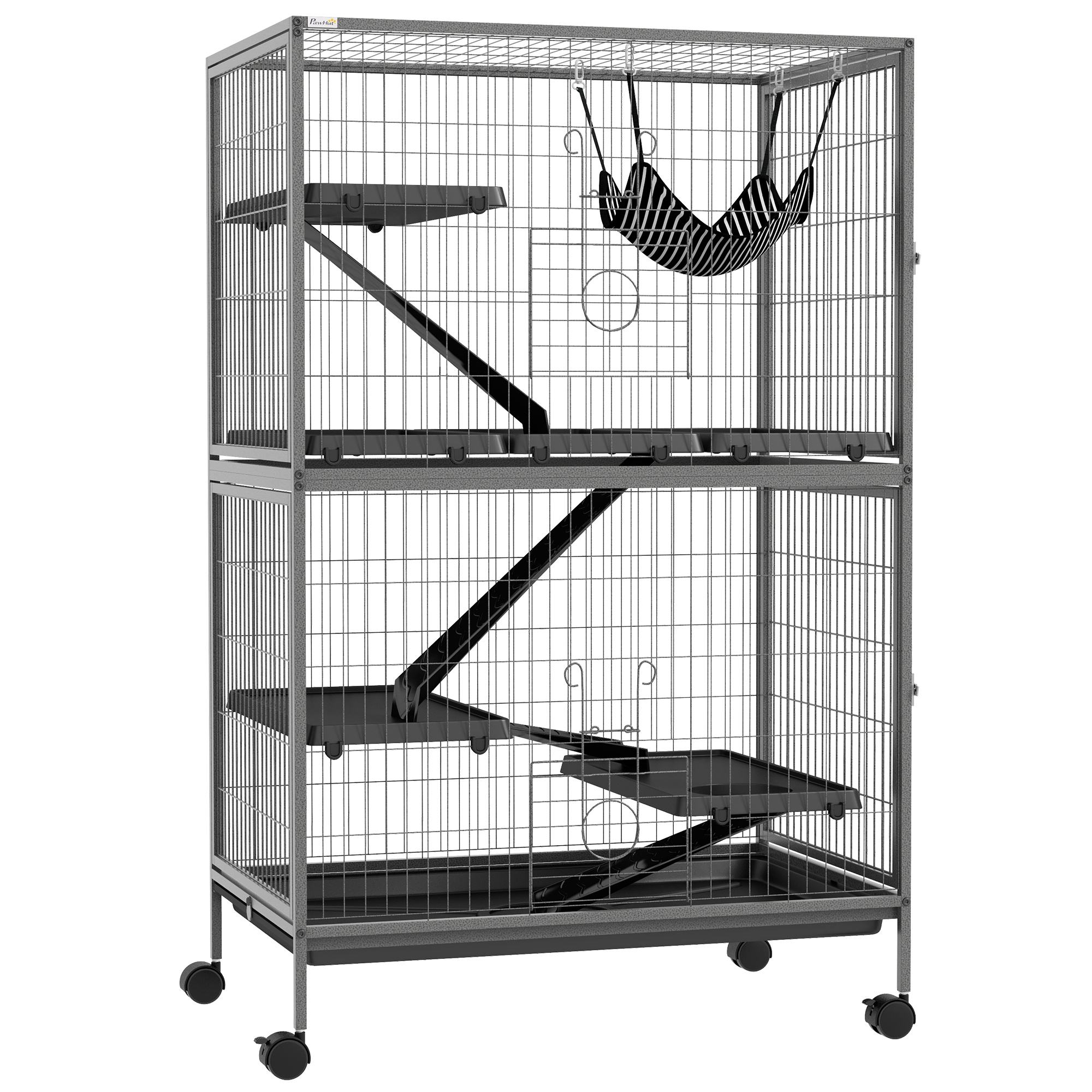 50" H Rolling Small Animal Cage with Hammock, Ferret Cage, Chinchilla Cage, Pet Habitat with 4 Doors, Removable Tray