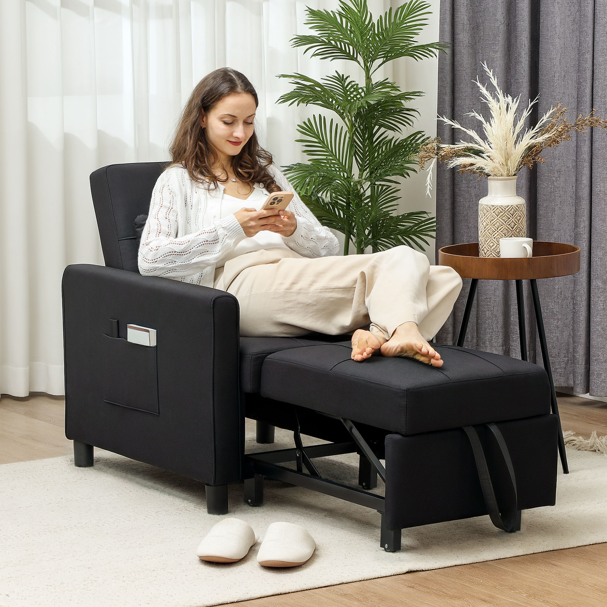 Linen-Look Single Chair Bed - Black_voghion.com