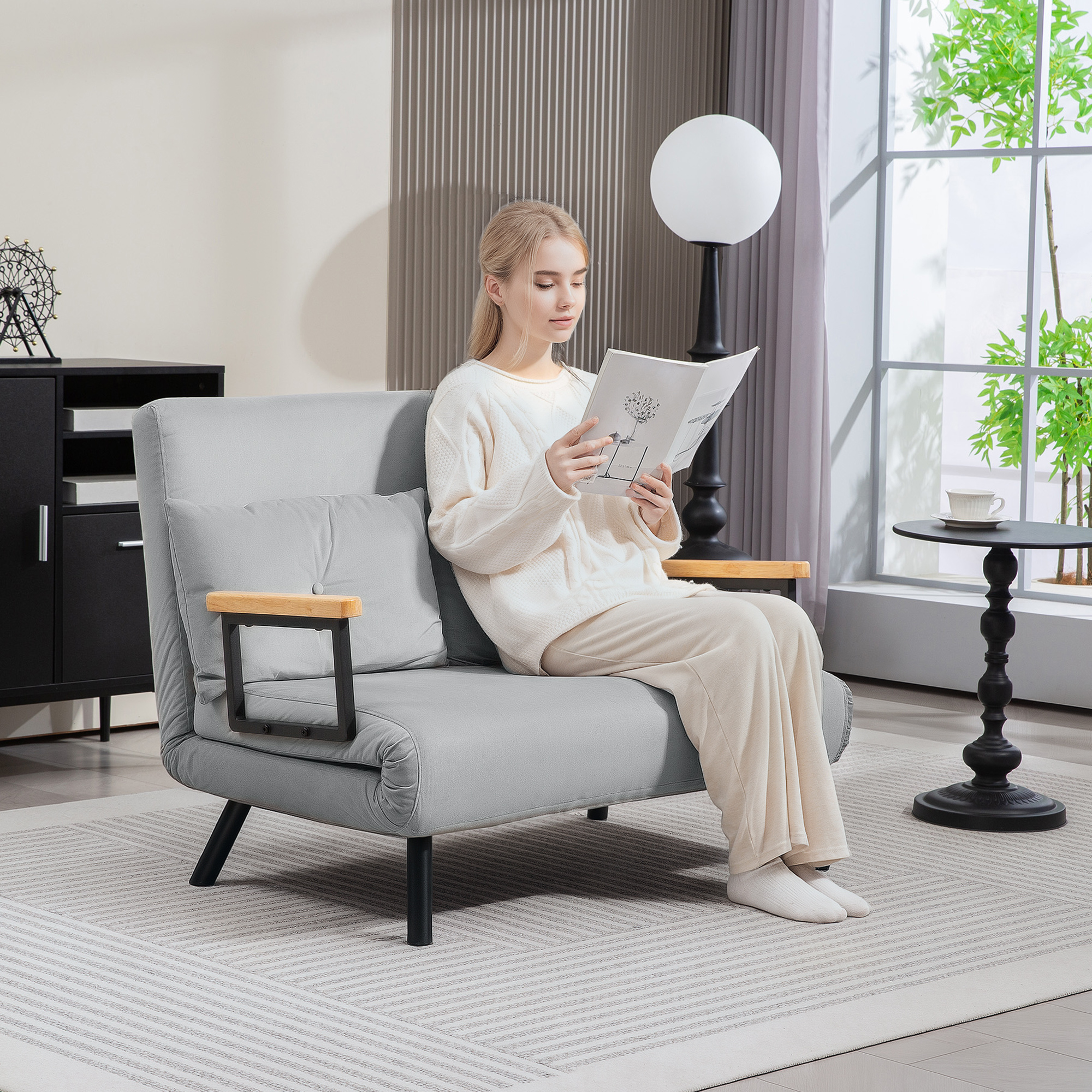 Canapé-lit double 4 en 1 aspect velours, avec oreillers - Gris clair_voghion.com