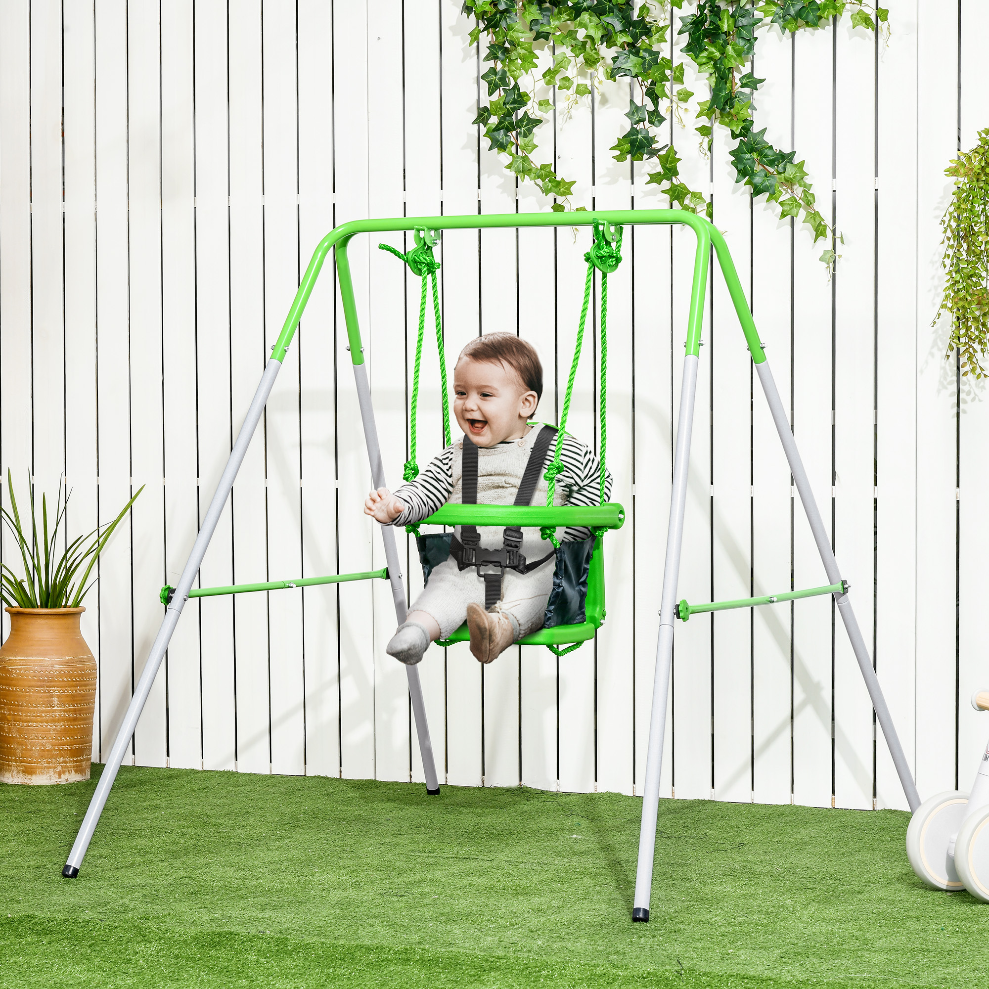 Balançoire pour bébé avec dossier et harnais de sécurité verte_voghion.com