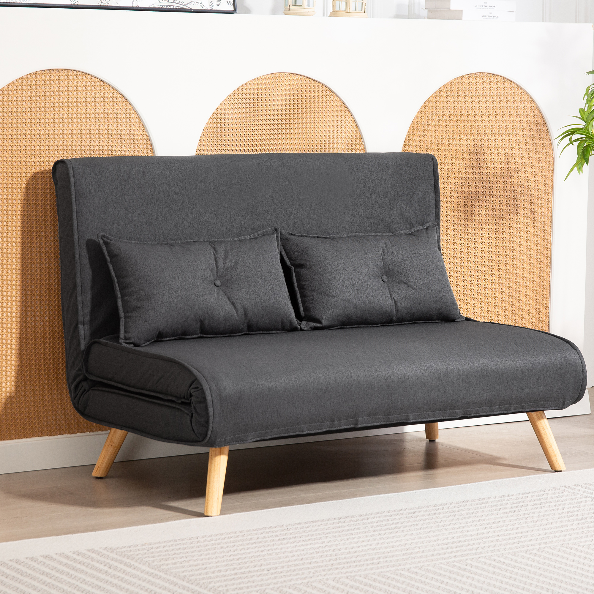 Two-Seater Linen-Look Sofa Bed - Charcoal Grey_voghion.com