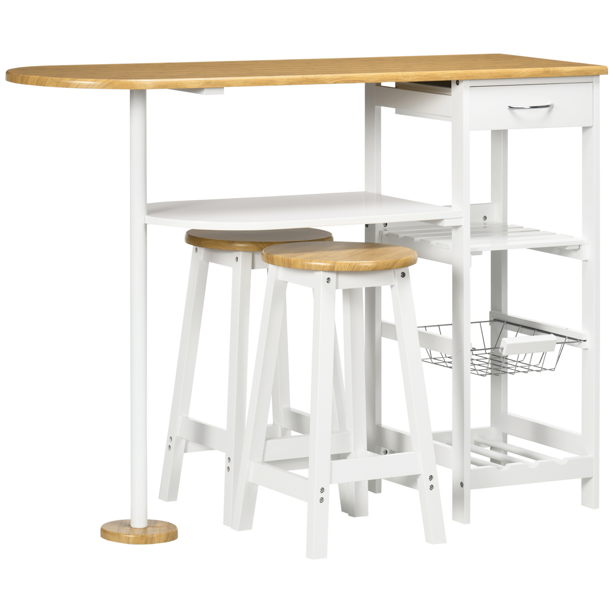 Set De Mesa De Bar De 119x38,5x88,5 Cm Con Cesta Extraíble Y Botellero Y 2 Taburetes De 29x29x55 Cm Blanco_voghion.com
