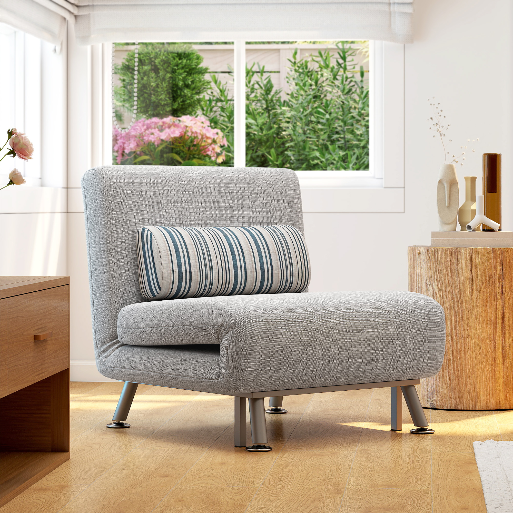 Single Sofa Bed, 1 Person Sleeper Foldable Lounge With Pillow, Grey_voghion.com