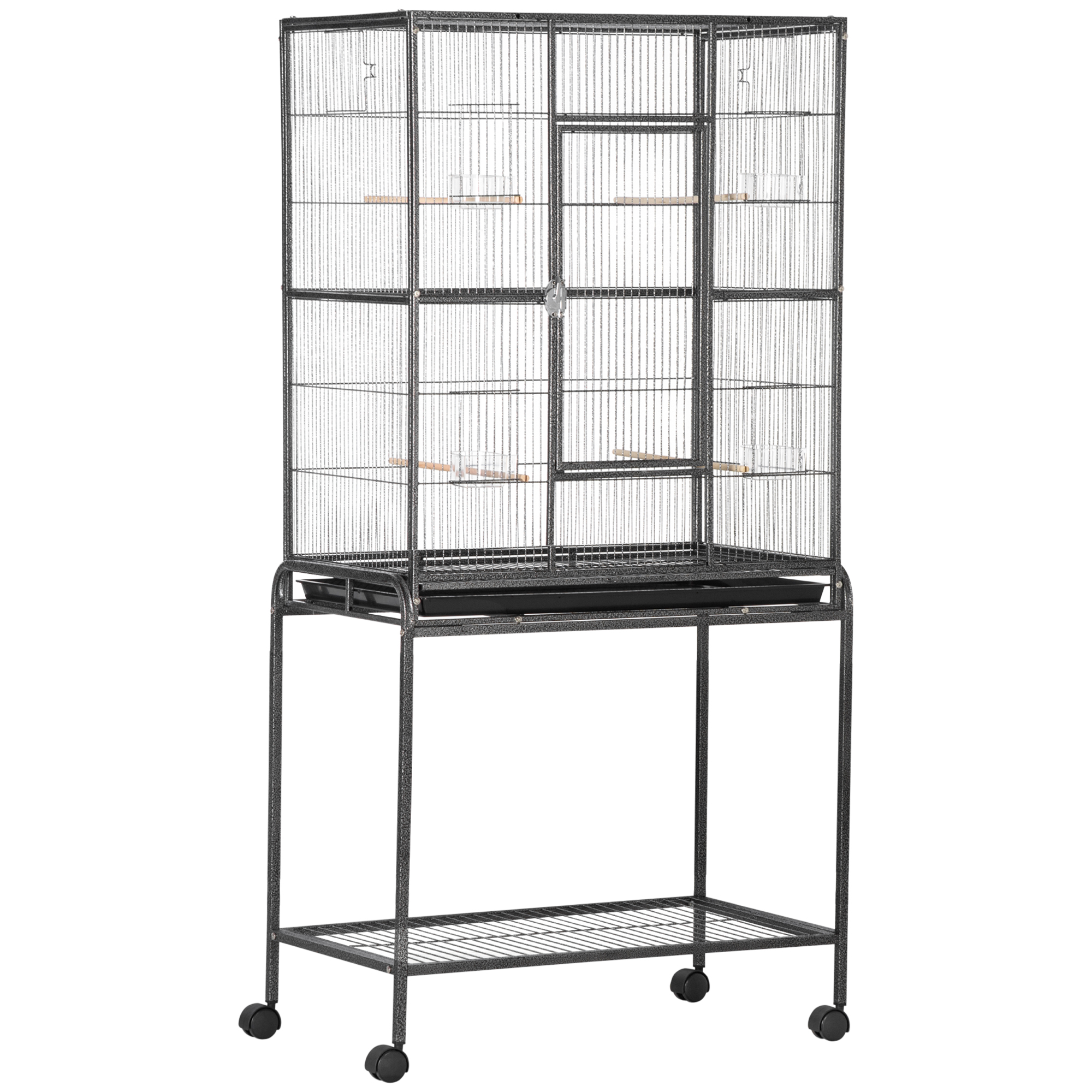 Bird Cage With Wheels Metal Aviary With Perches And Feeders Grey_voghion.com