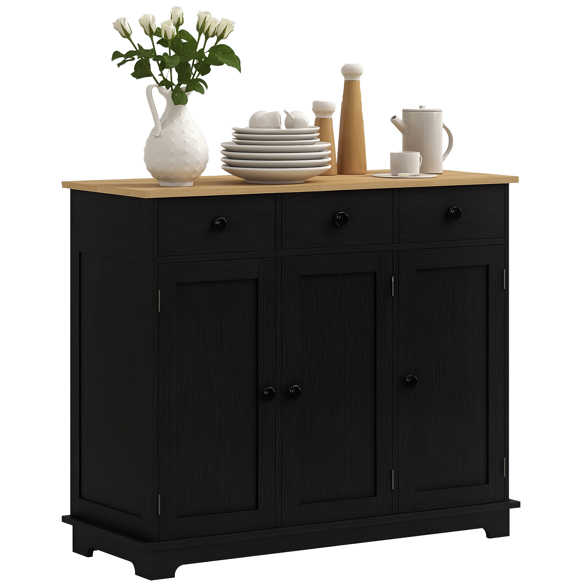 Kitchen Storage Cabinet, Sideboard Floor Cupboard with Solid Wood Top, Adjustable Shelf, and 3 Drawers, Black Wood Grain