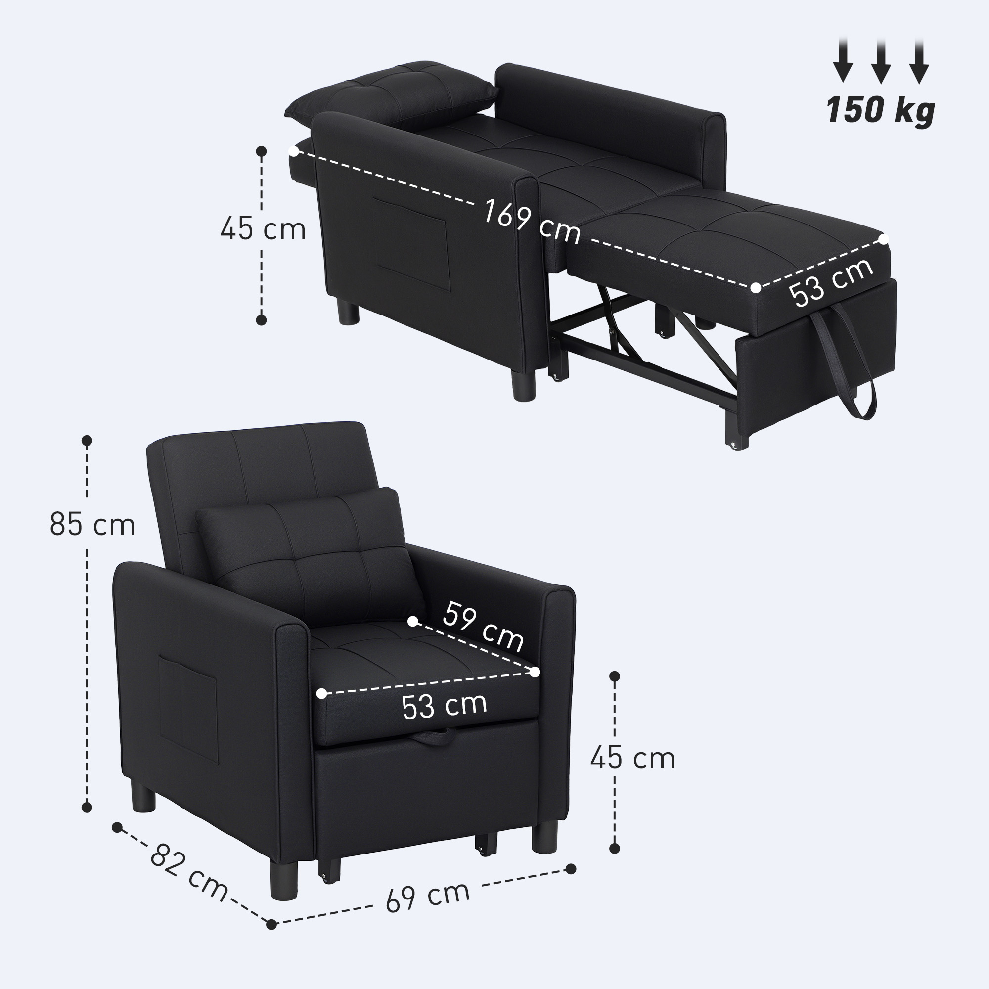 Linen-Look Single Chair Bed - Black_voghion.com