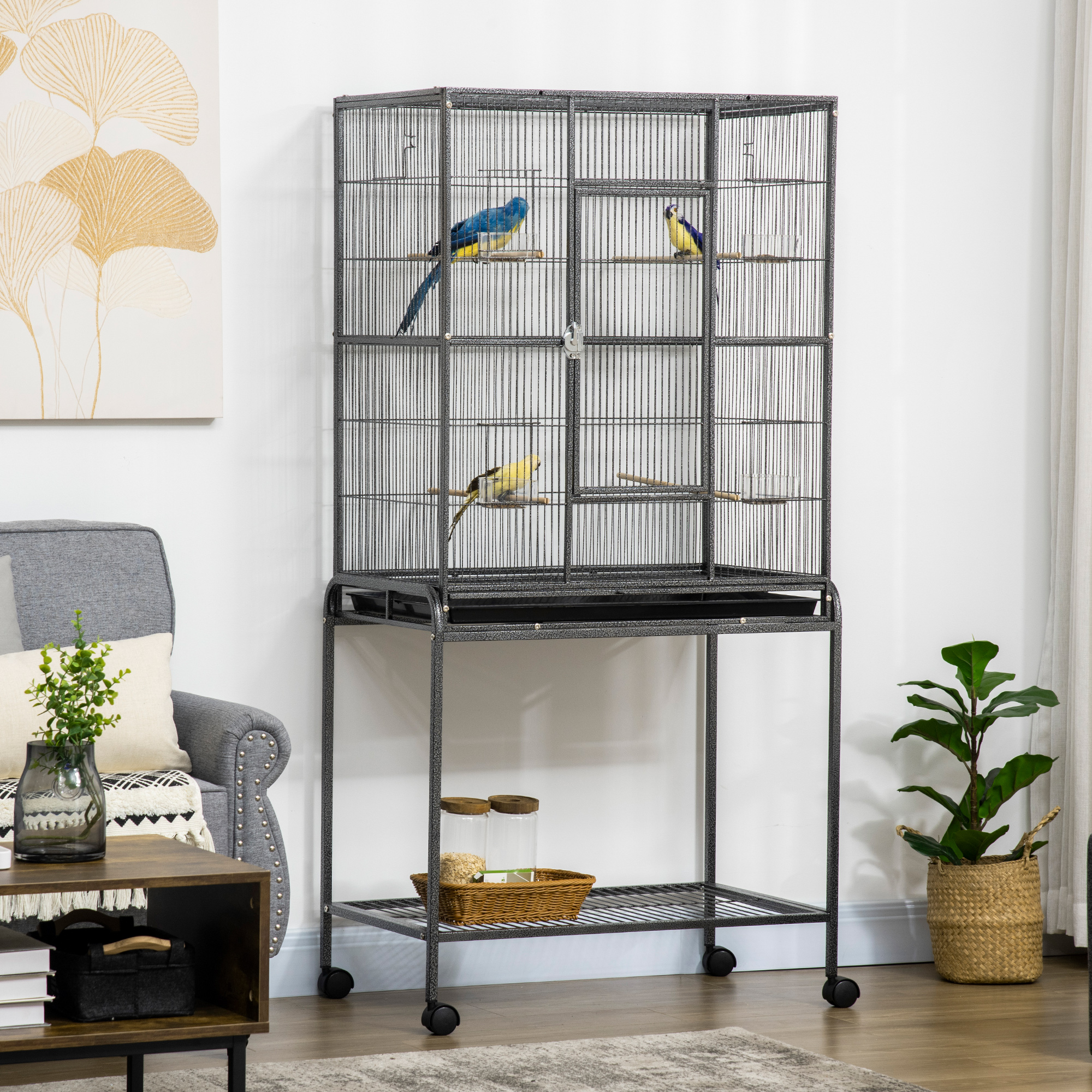 Bird Cage With Wheels Metal Aviary With Perches And Feeders Grey_voghion.com