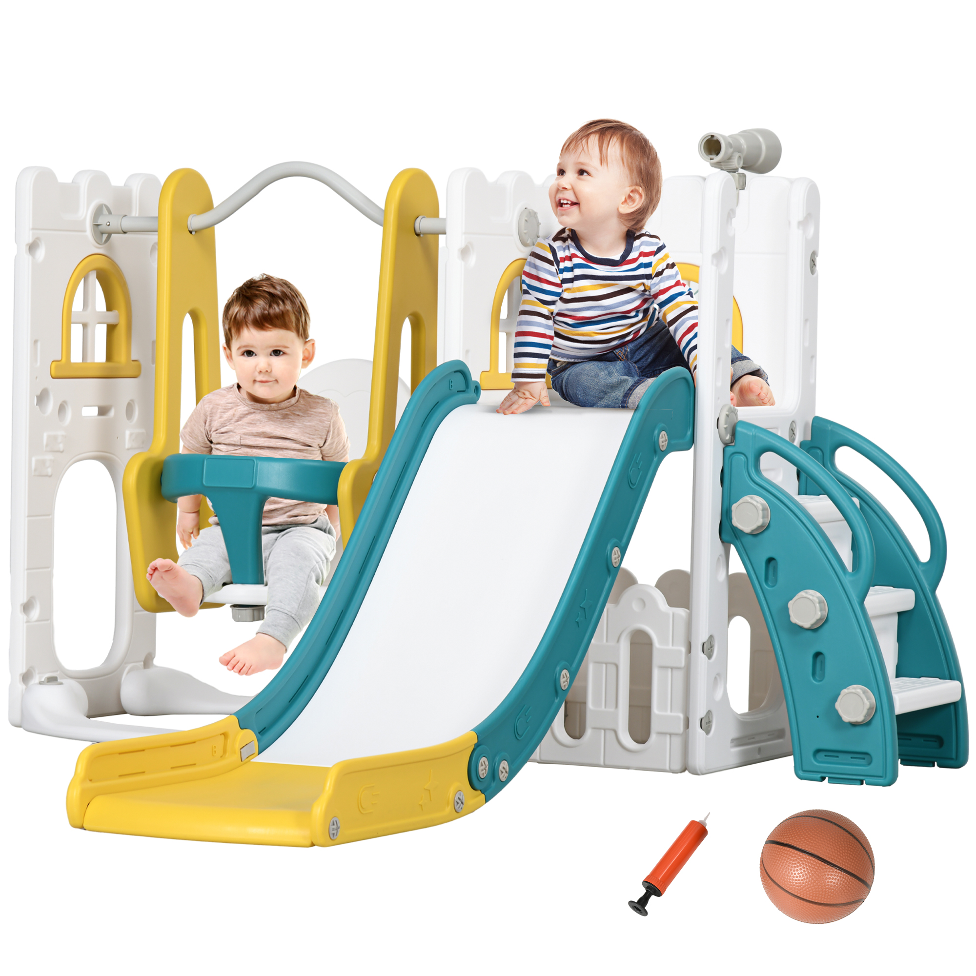 6 in 1 Toddler Slide and Swing Set Indoor for Age 1-3 Years w/ Basketball Hoop, Climber, Storage Telescope, Yellow