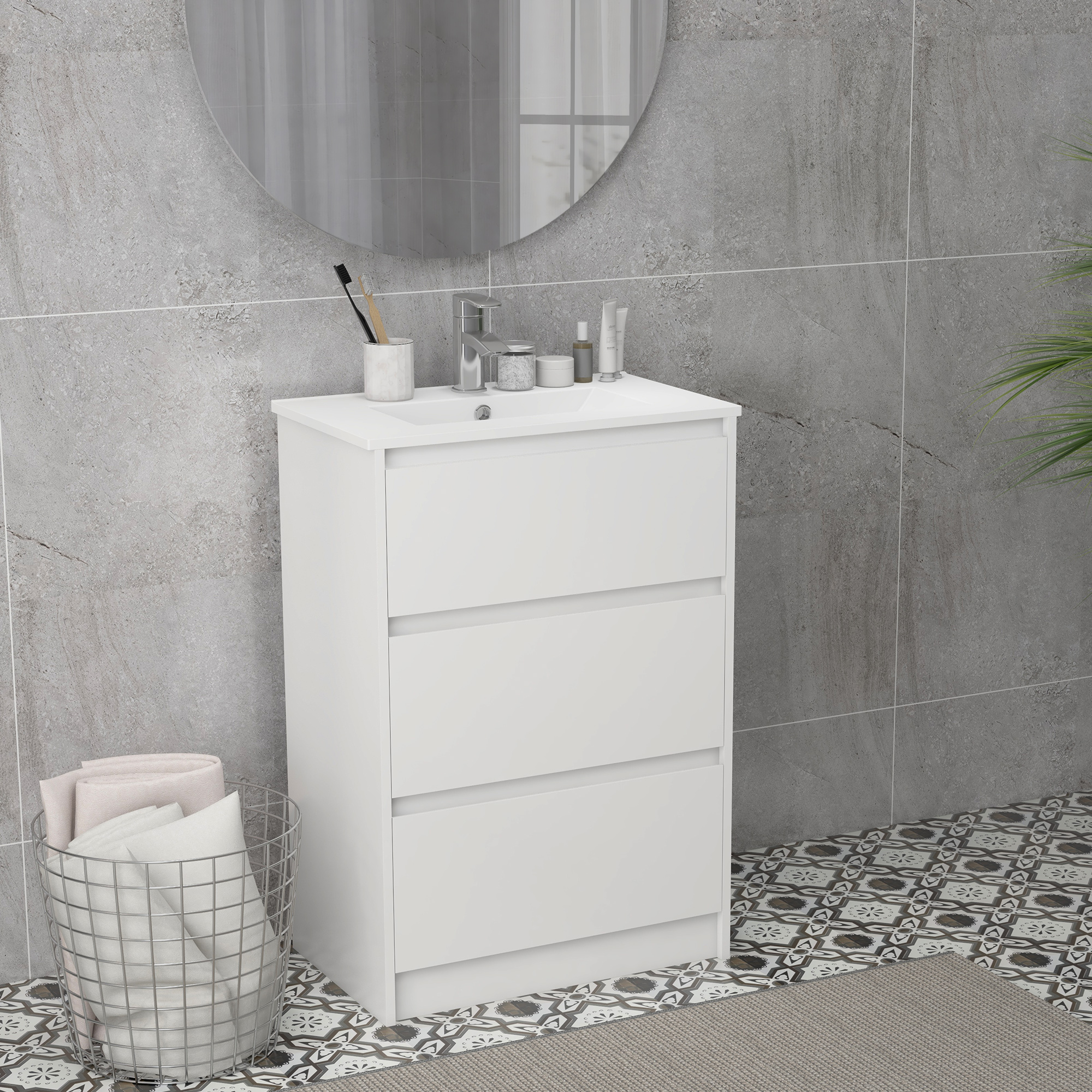 Bathroom Vanity Cabinet With Ceramic Basin And 2 Drawers White_voghion.com