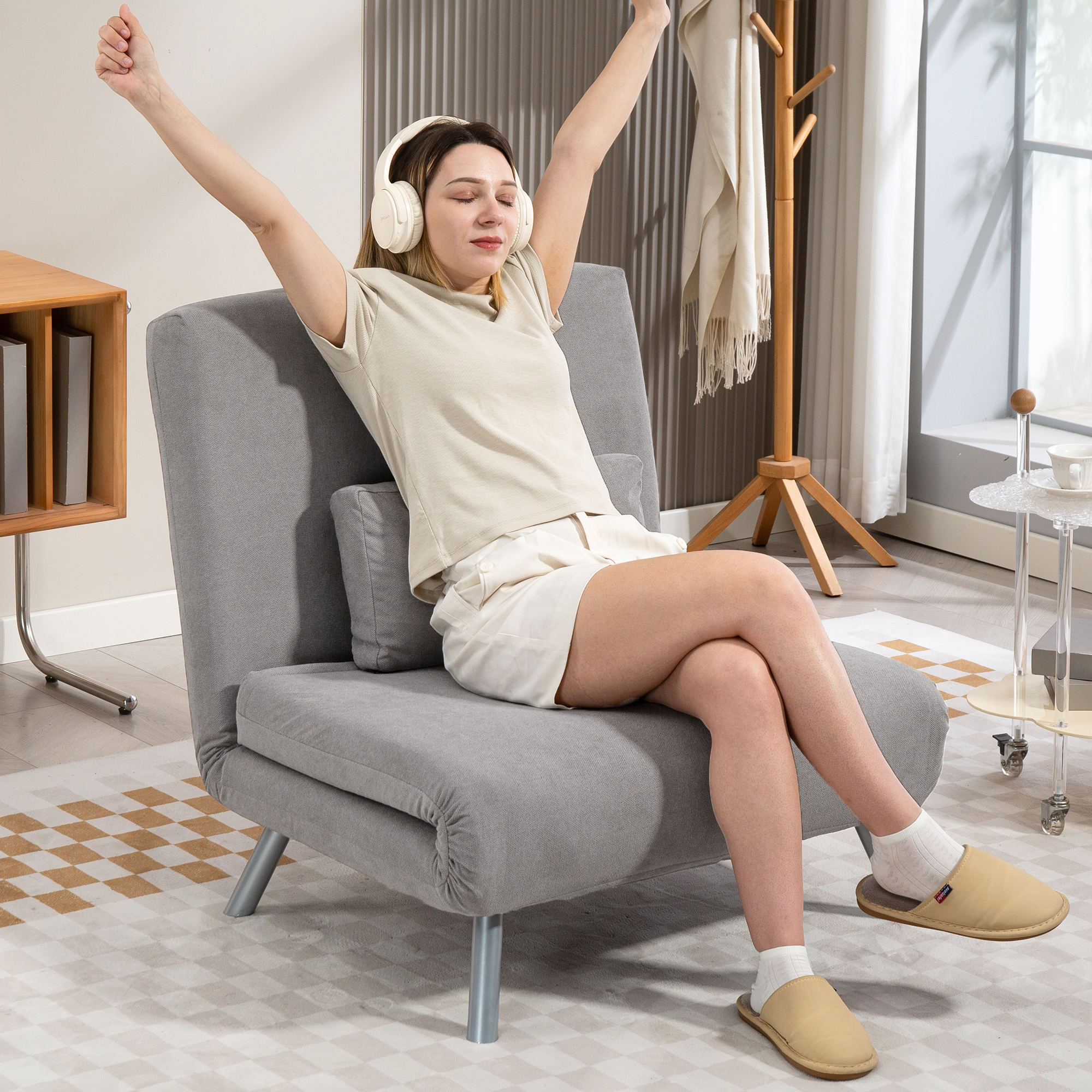 Single Velvet-Feel Chair Bed - Grey_voghion.com