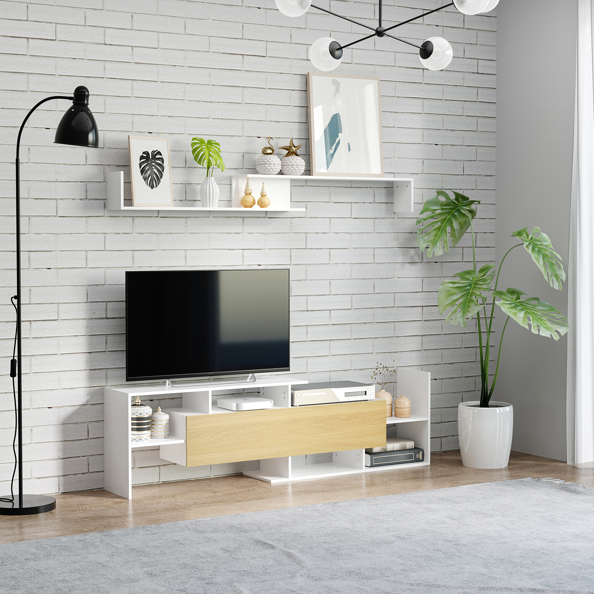 Modern Tv Entertainment Unit With Wall Shelf In White And Natural_voghion.com