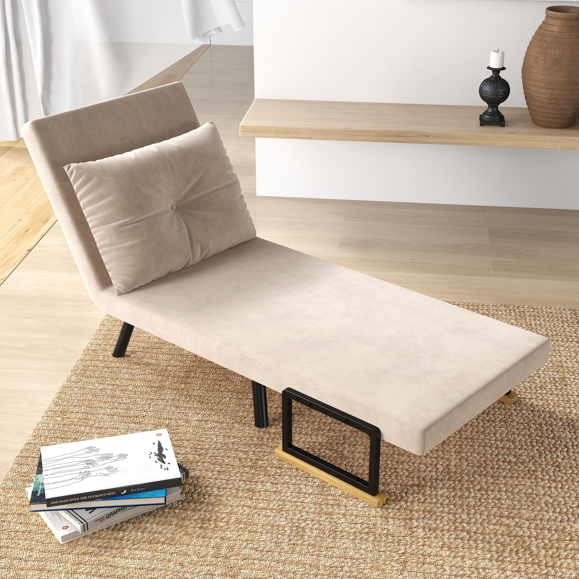 Convertible Single Sofa Bed Adjustable 4 In 1 Chair Bed Beige_voghion.com