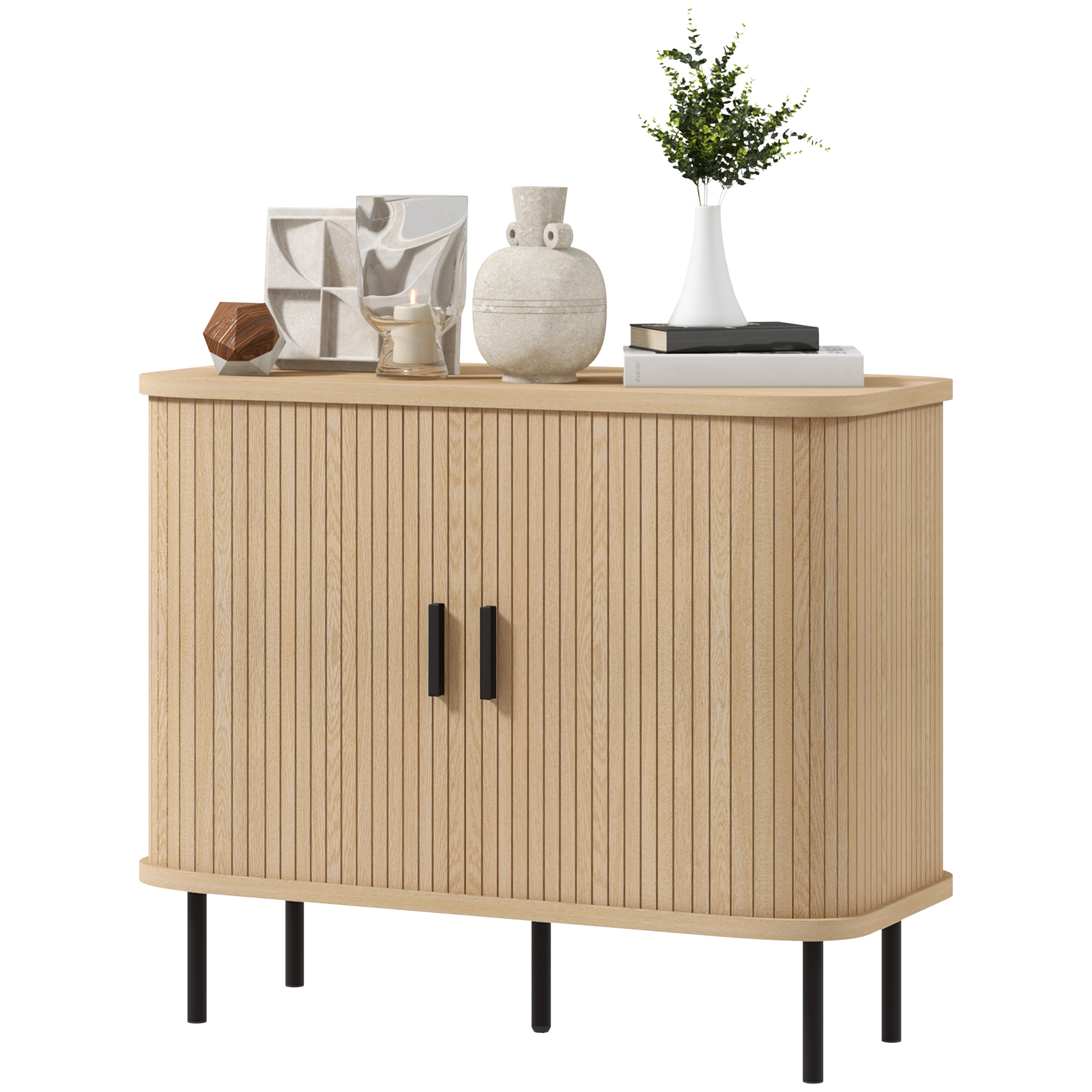 Vintage Sideboard With 2 Sliding Tambour Doors In Oak Finish_voghion.com
