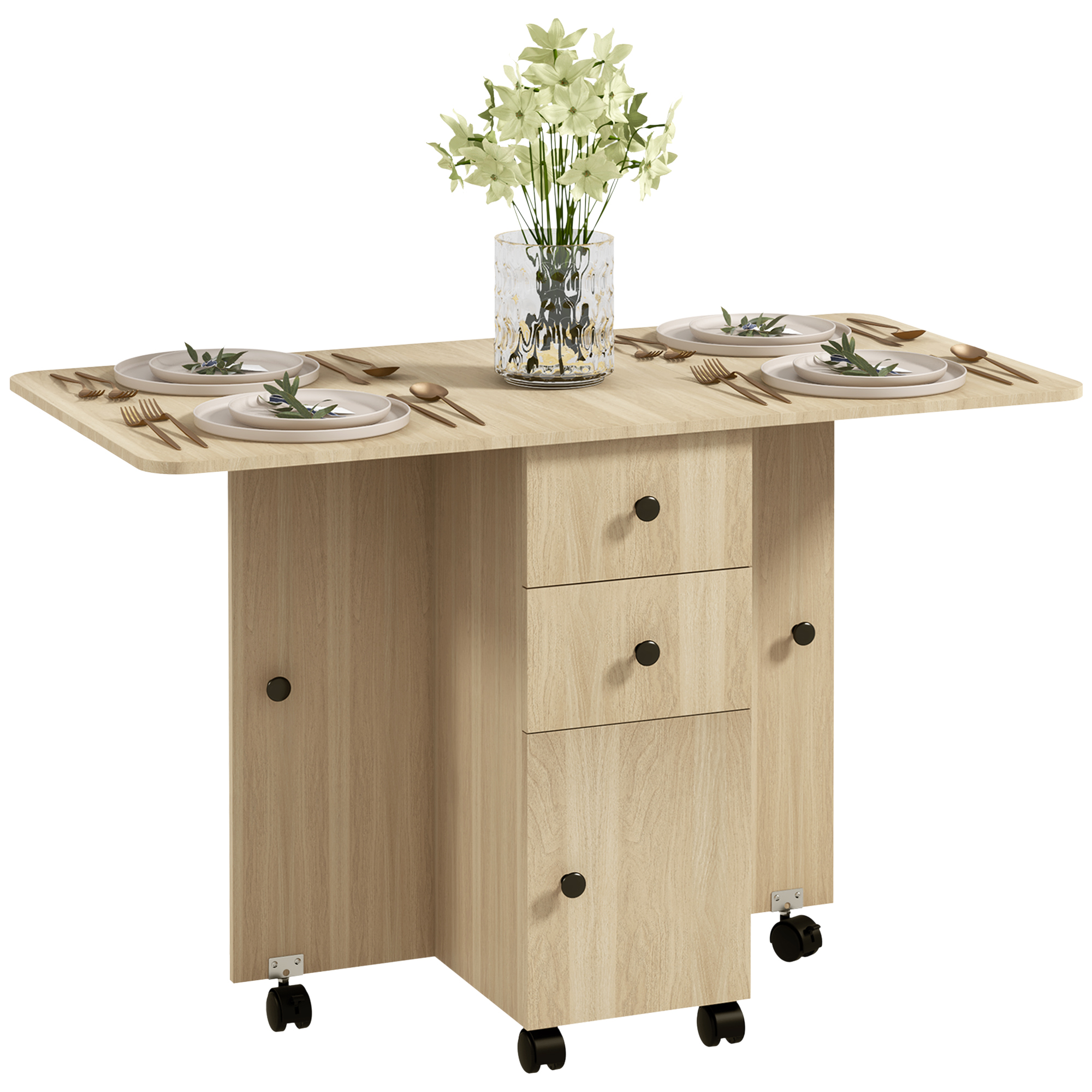 Mesa Plegable Con Ruedas Y Alas Abatibles Mesa Auxiliar Multifuncional Con Almacenaje 120x60x76,5 Cm Naturel_voghion.com