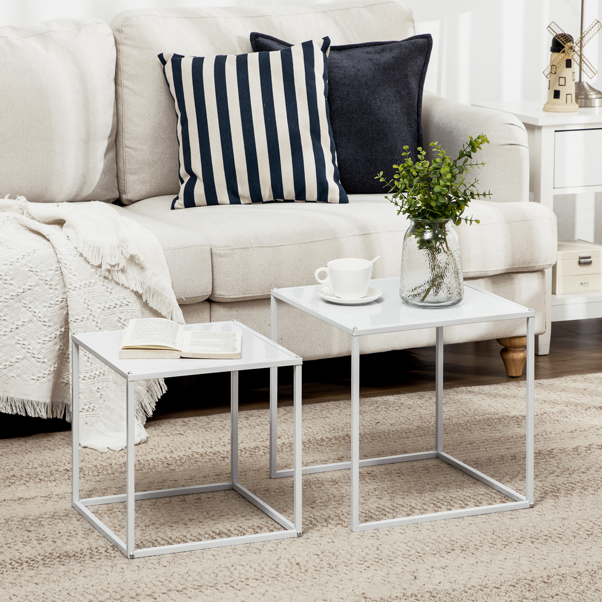 Beistelltisch-Set, moderne Satztische, platzsparend, stabiles Stahlgestell, weiß_voghion.com