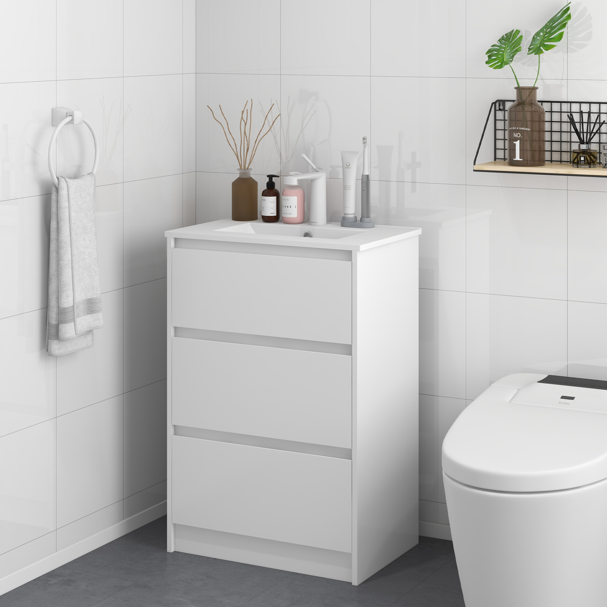 Bathroom Vanity Cabinet With Ceramic Basin And 2 Drawers White_voghion.com