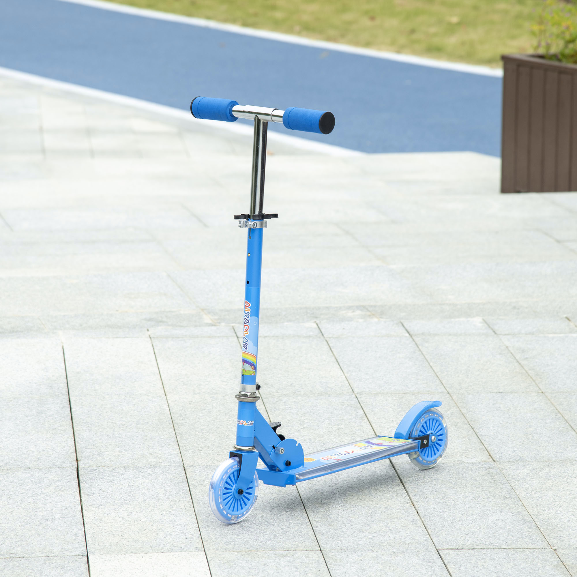 Patinete Infantil Plegable Con Luces Música Altura Ajustable Ruedas Brillantes Pedal LED Carga 50kg 67x32x65-78 Cm Azul_desvips.com