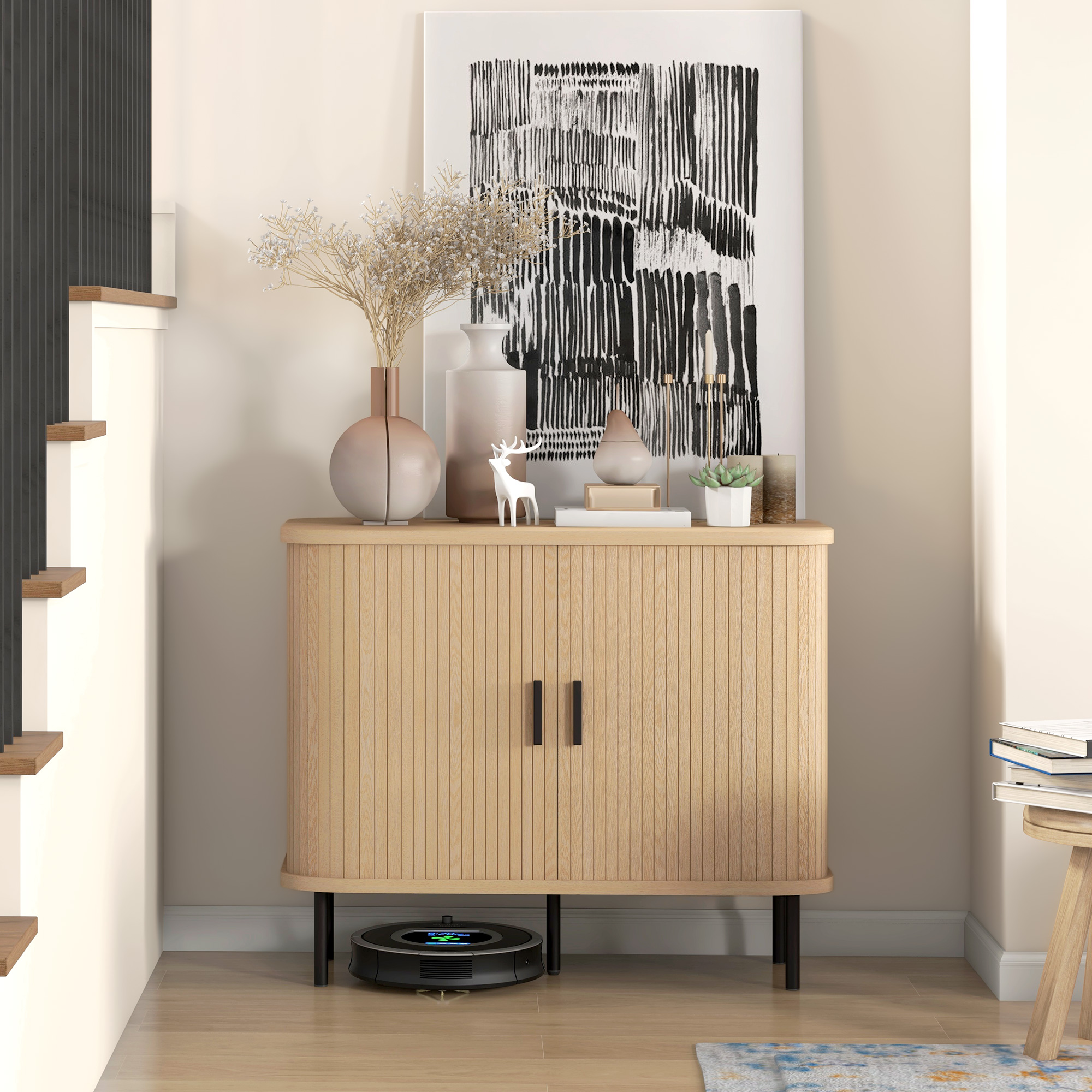 Vintage Sideboard With 2 Sliding Tambour Doors In Oak Finish_voghion.com