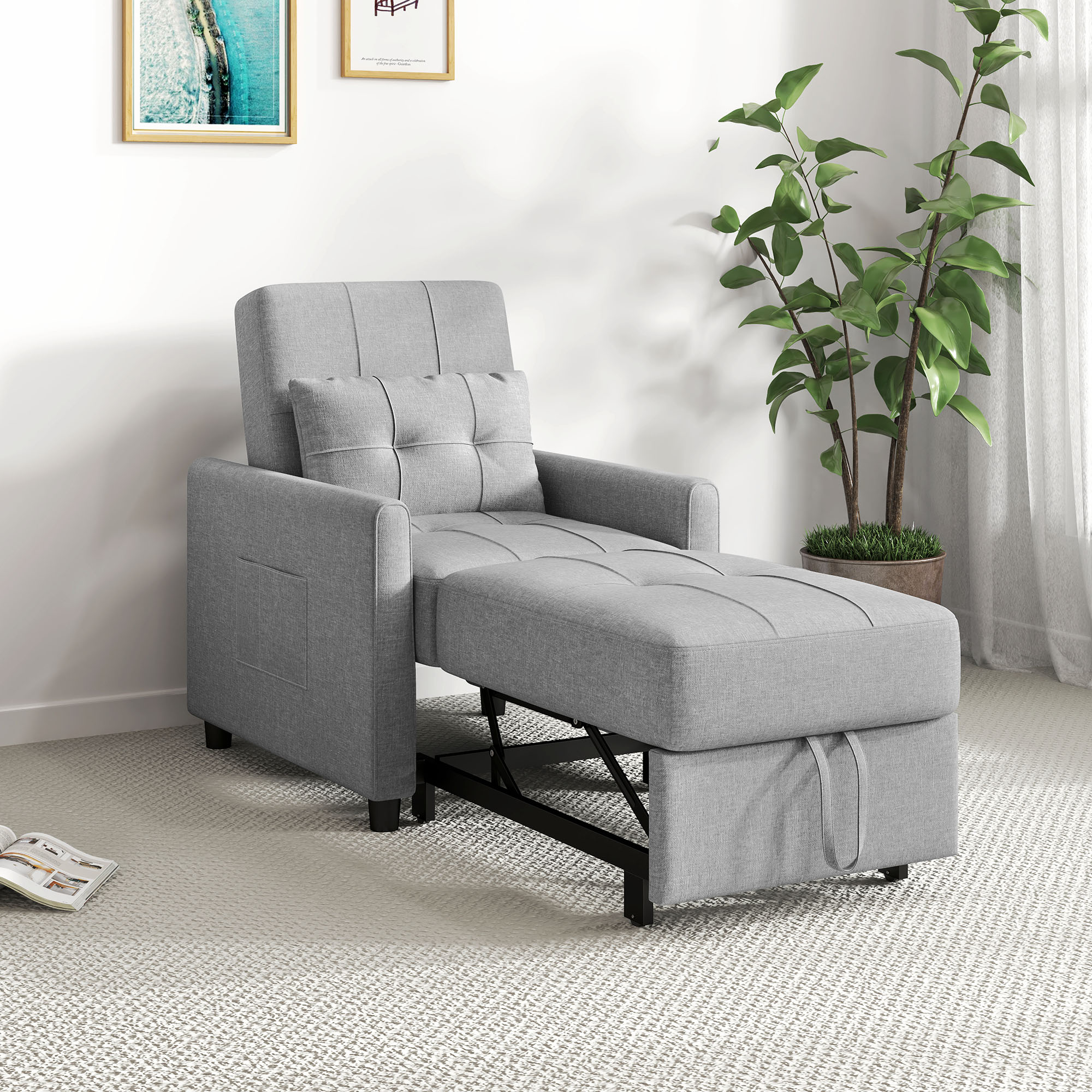 Linen-Look Single Chair Bed - Light Grey_voghion.com