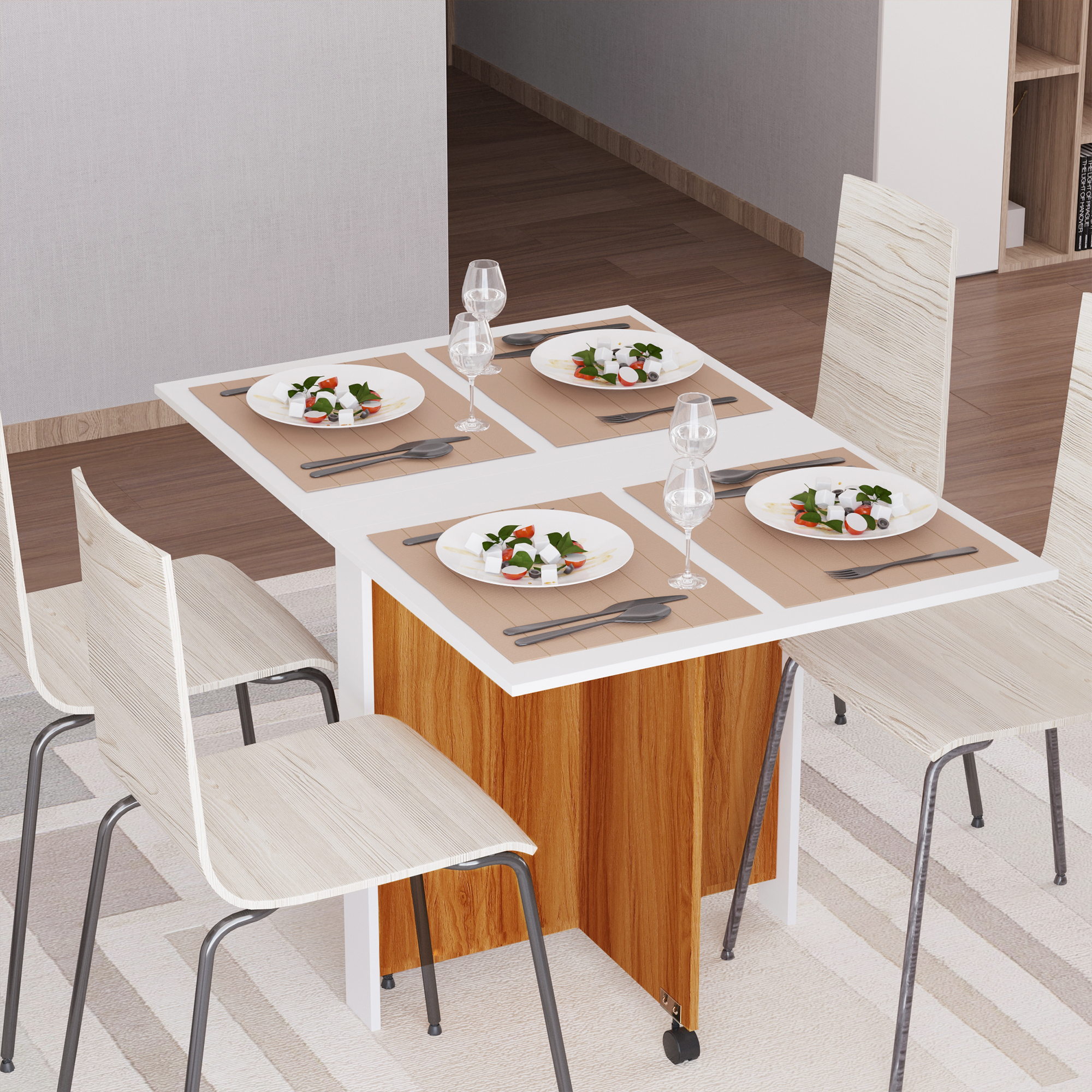 Ausziehbarer Esstisch, modernes Design, platzsparender Klapptisch mit Rollen, 120 × 80 × 73 cm_voghion.com