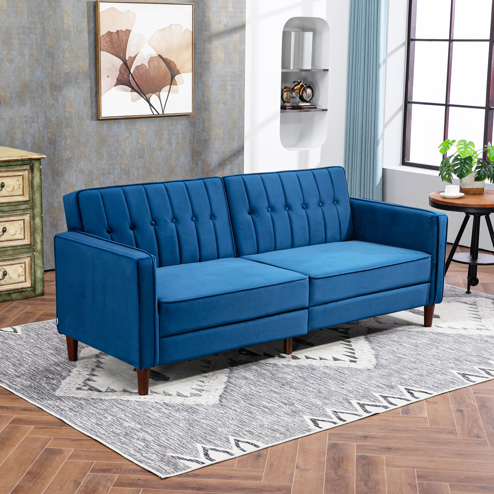 Velvet-Feel Three-Seater Sofa Bed - Blue_voghion.com