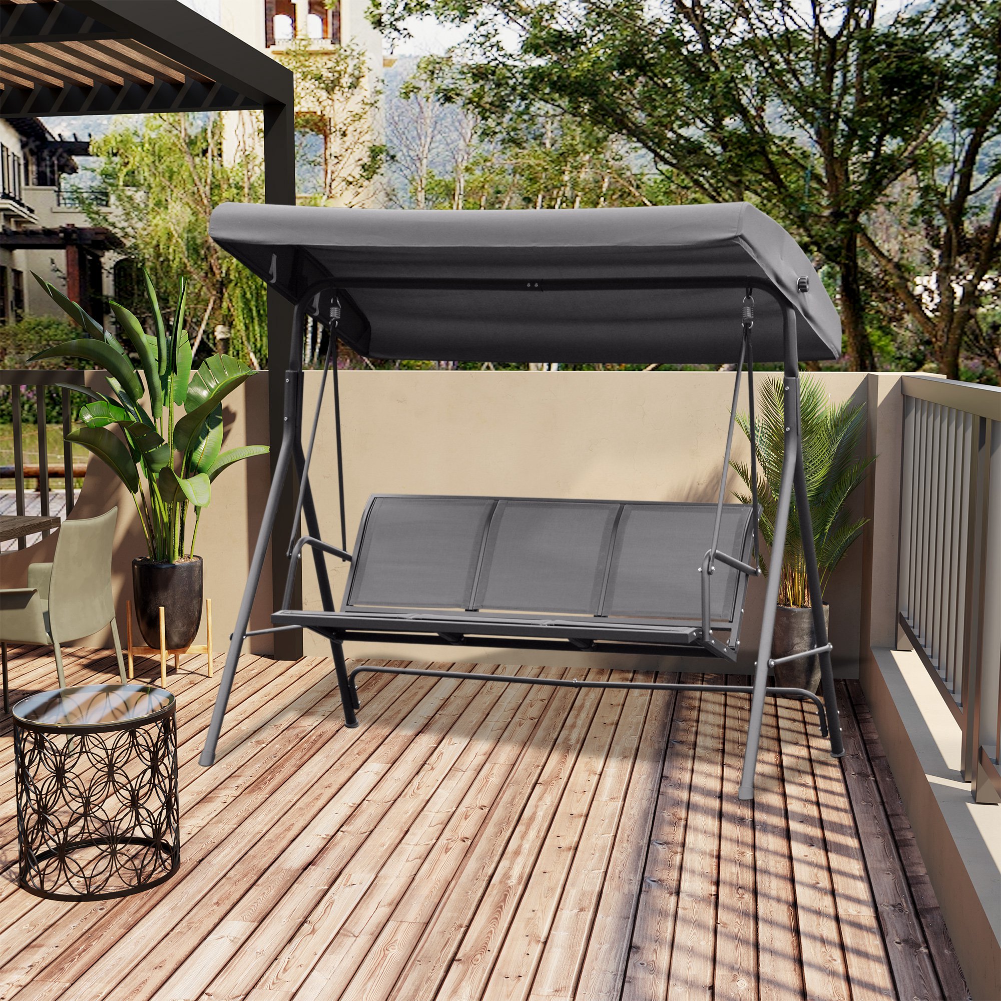 Balançoire de jardin 3 places avec toit ajustable et structure_voghion.com