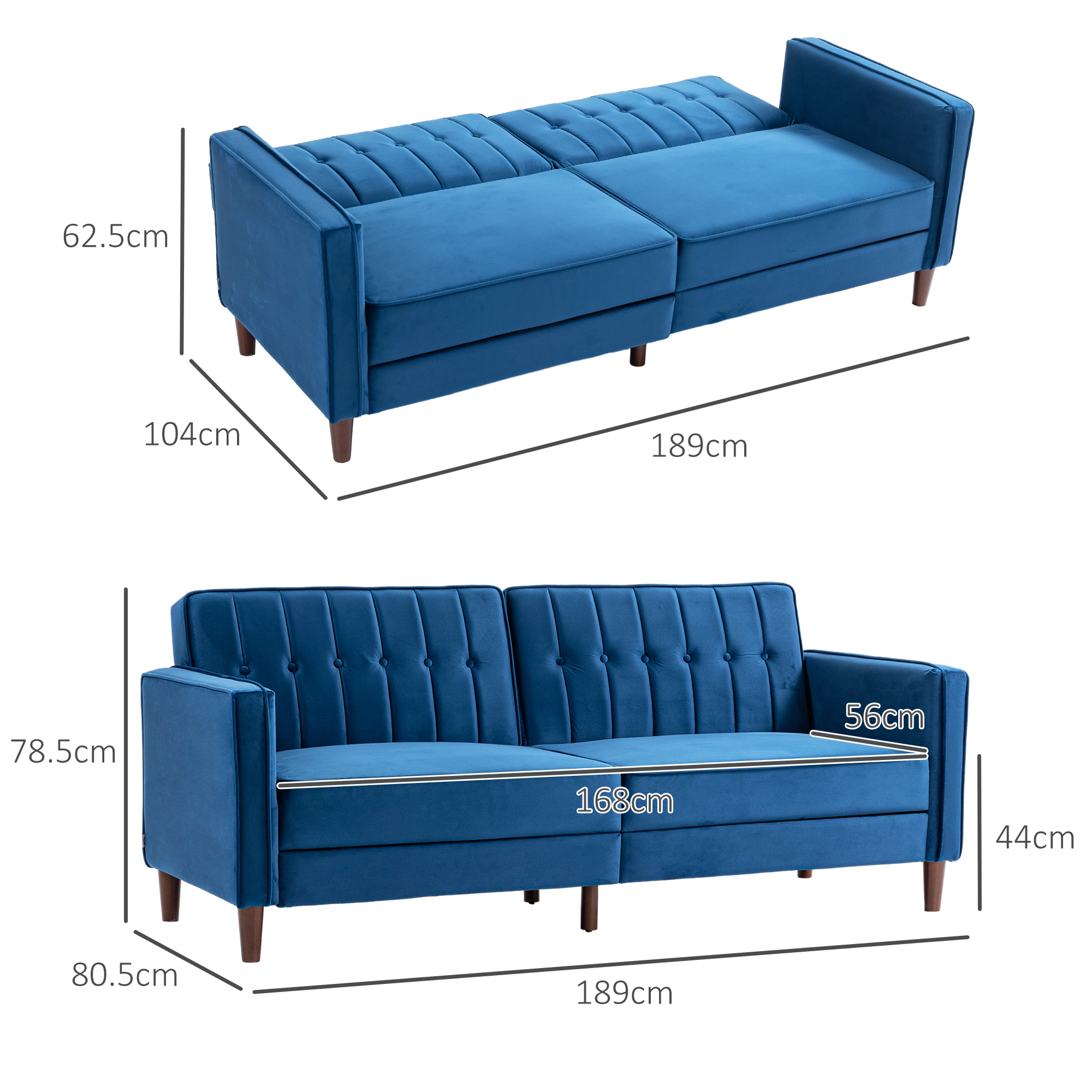 Velvet-Feel Three-Seater Sofa Bed - Blue_voghion.com