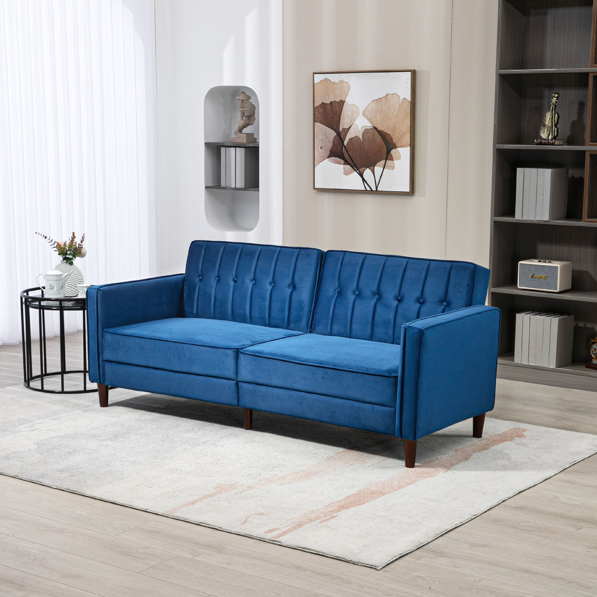Velvet-Feel Three-Seater Sofa Bed - Blue_voghion.com