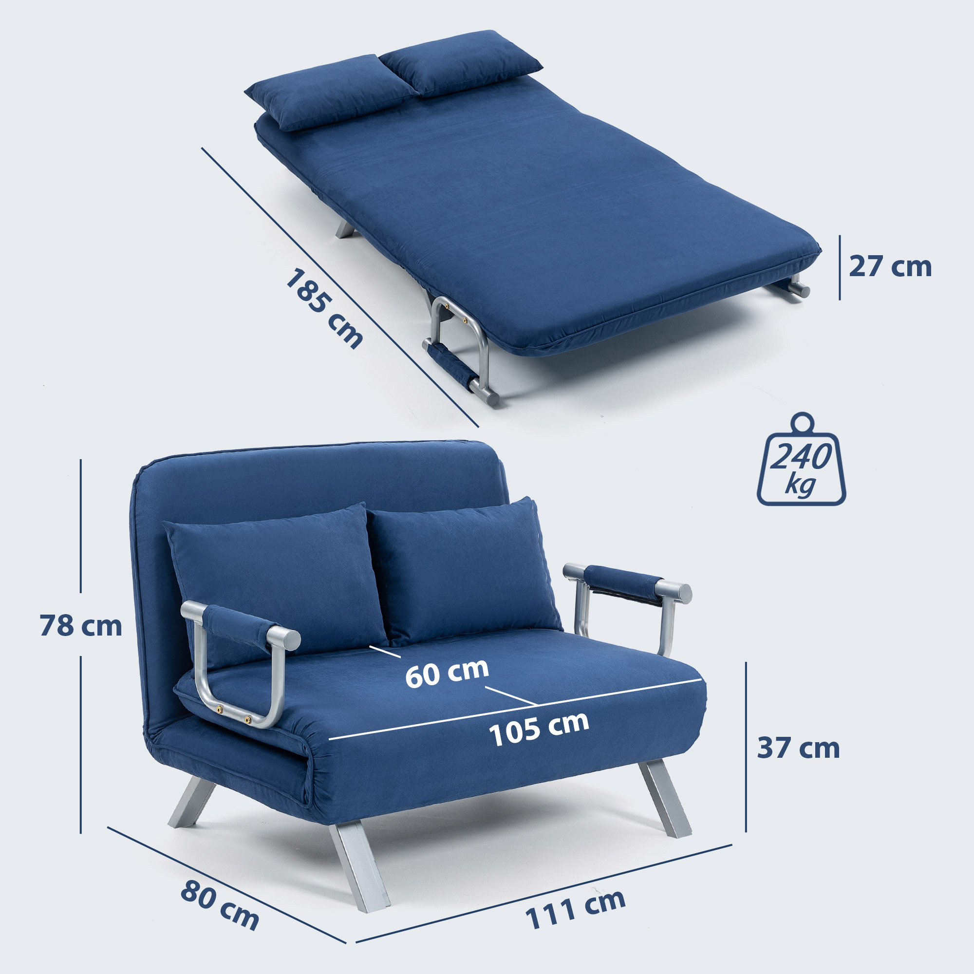 Two-Seater Click-Clack Sofa Bed - Dark Blue_voghion.com