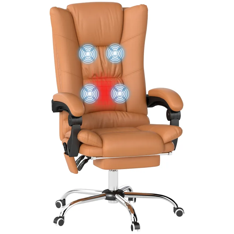 PU Leather Executive Massage Office Chair with 4 Vibration, Reclining w/ Adjustable Height, Swivel Wheels, Light Brown