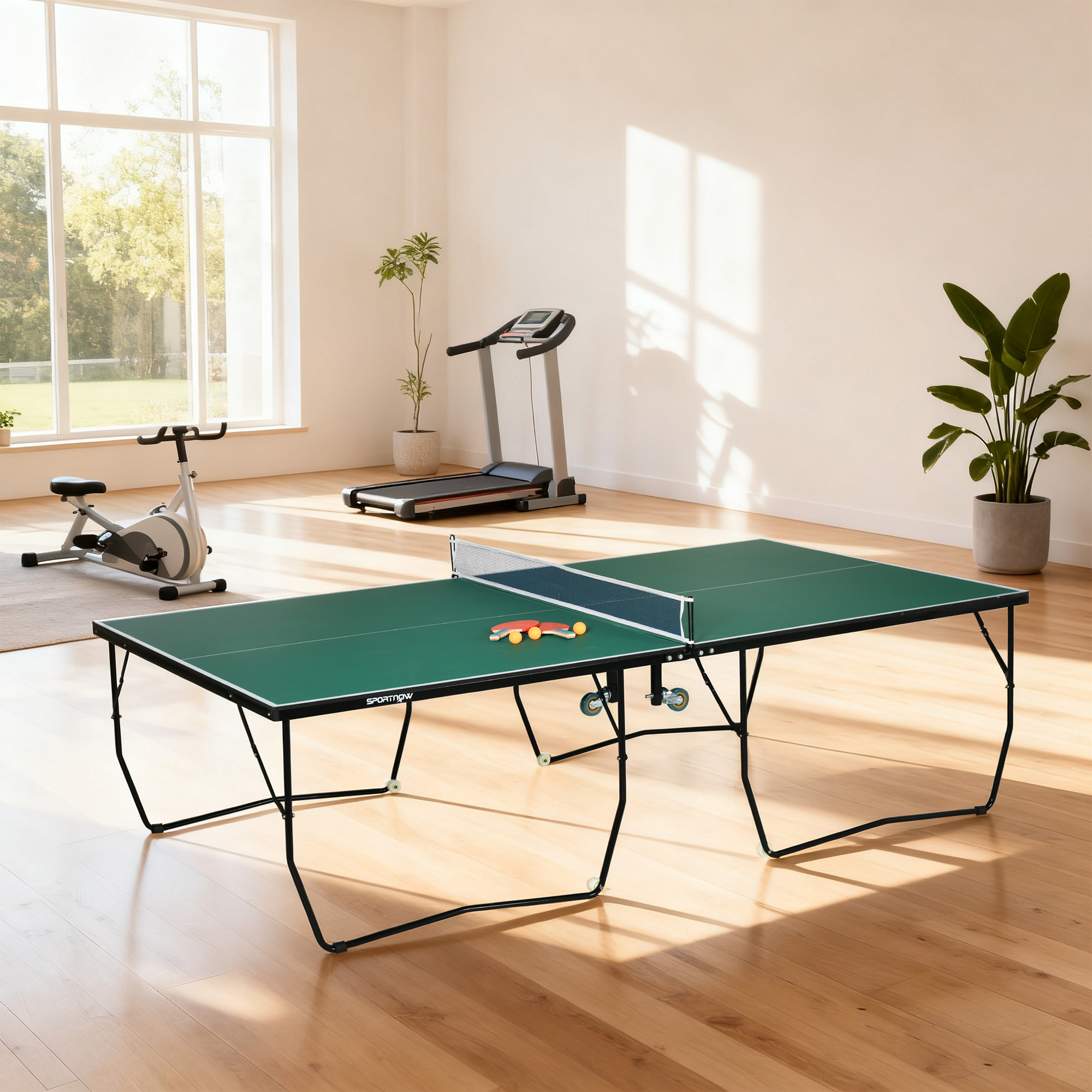 9FT Folding Tennis Table, With 8 Wheels, For Indoor Use, Green_voghion.com