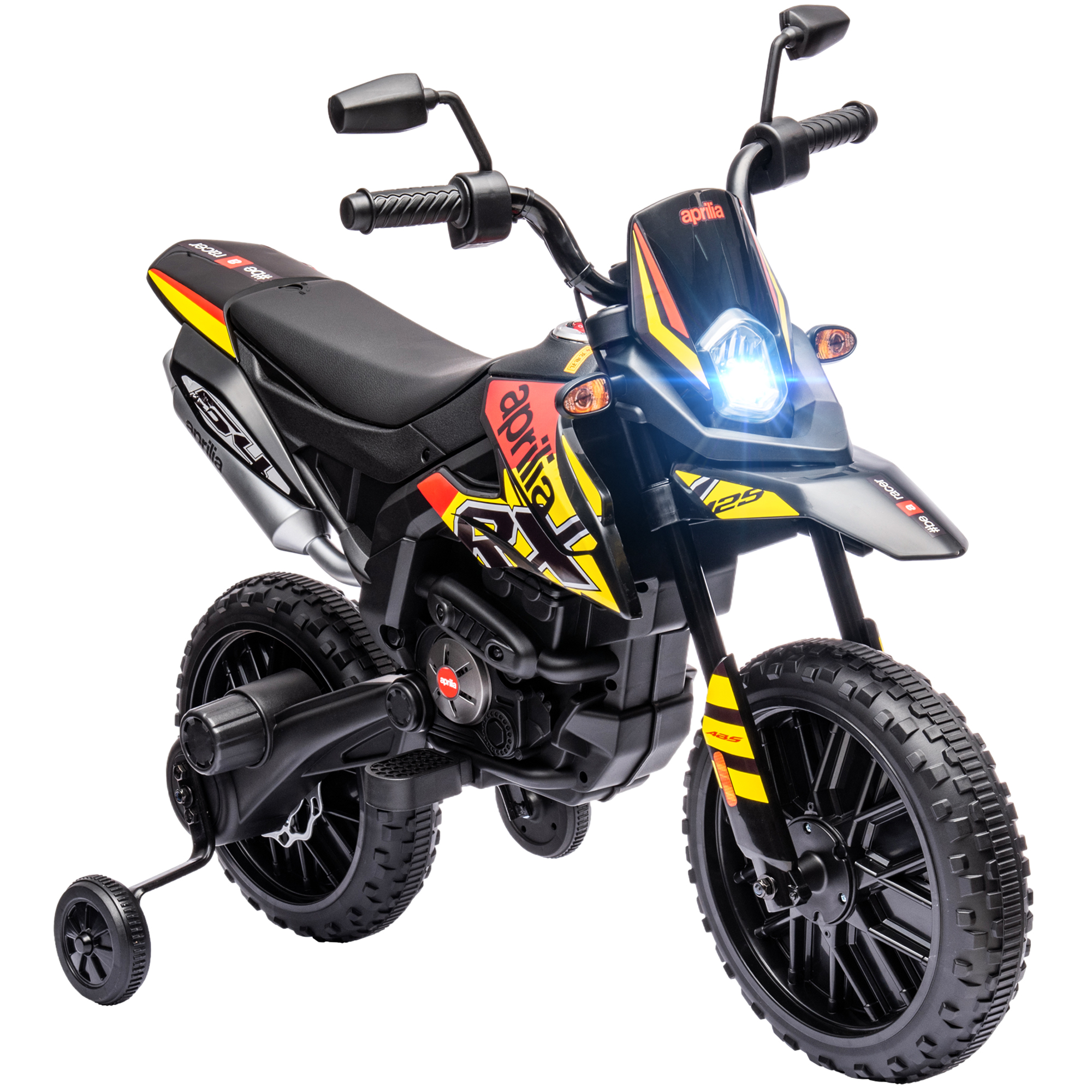 12V Aprilia Licenced Kids Motorcycle with Training Wheels, Spring Suspension, LED Light, USB, Music, Yellow