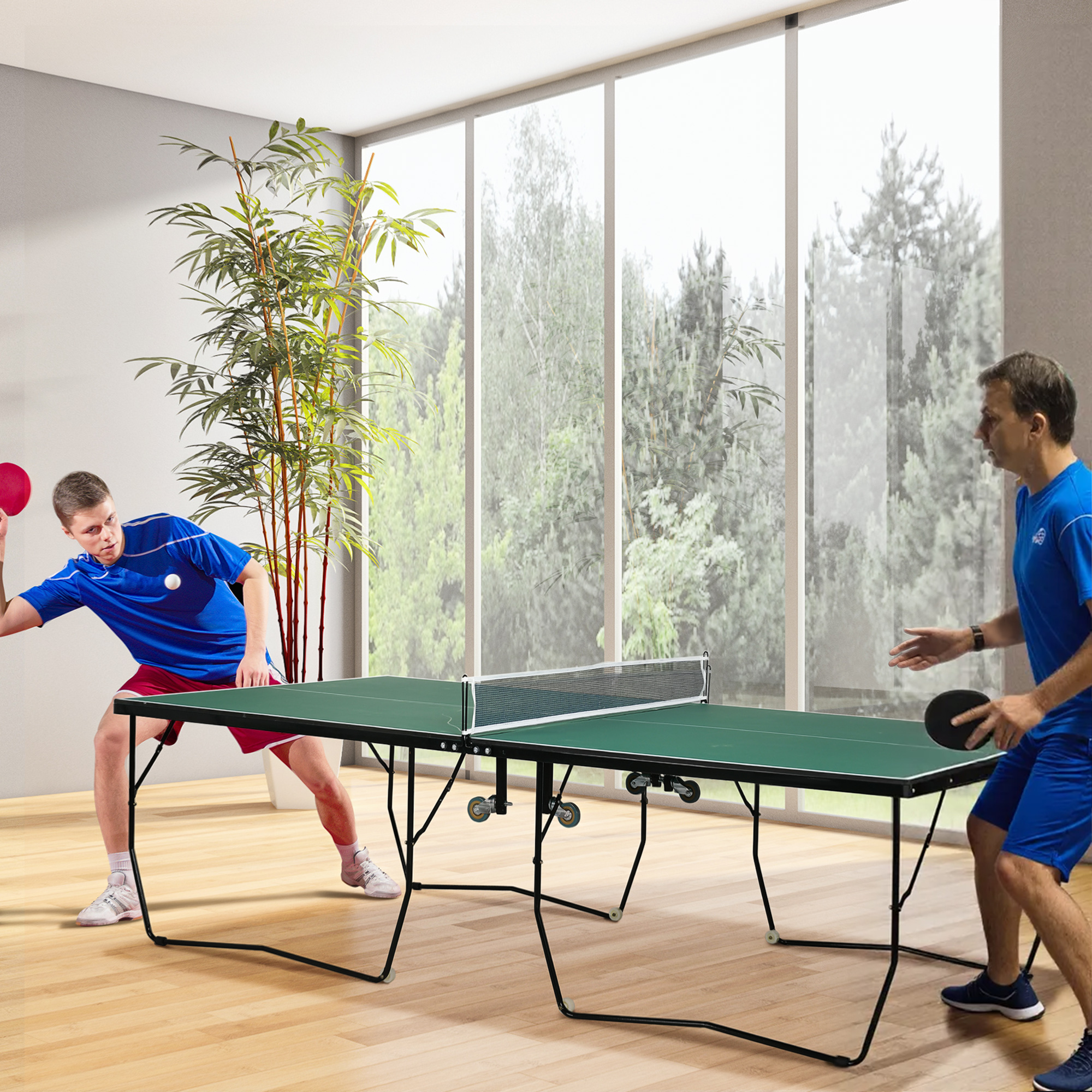 9FT Folding Tennis Table, With 8 Wheels, For Indoor Use, Green_voghion.com
