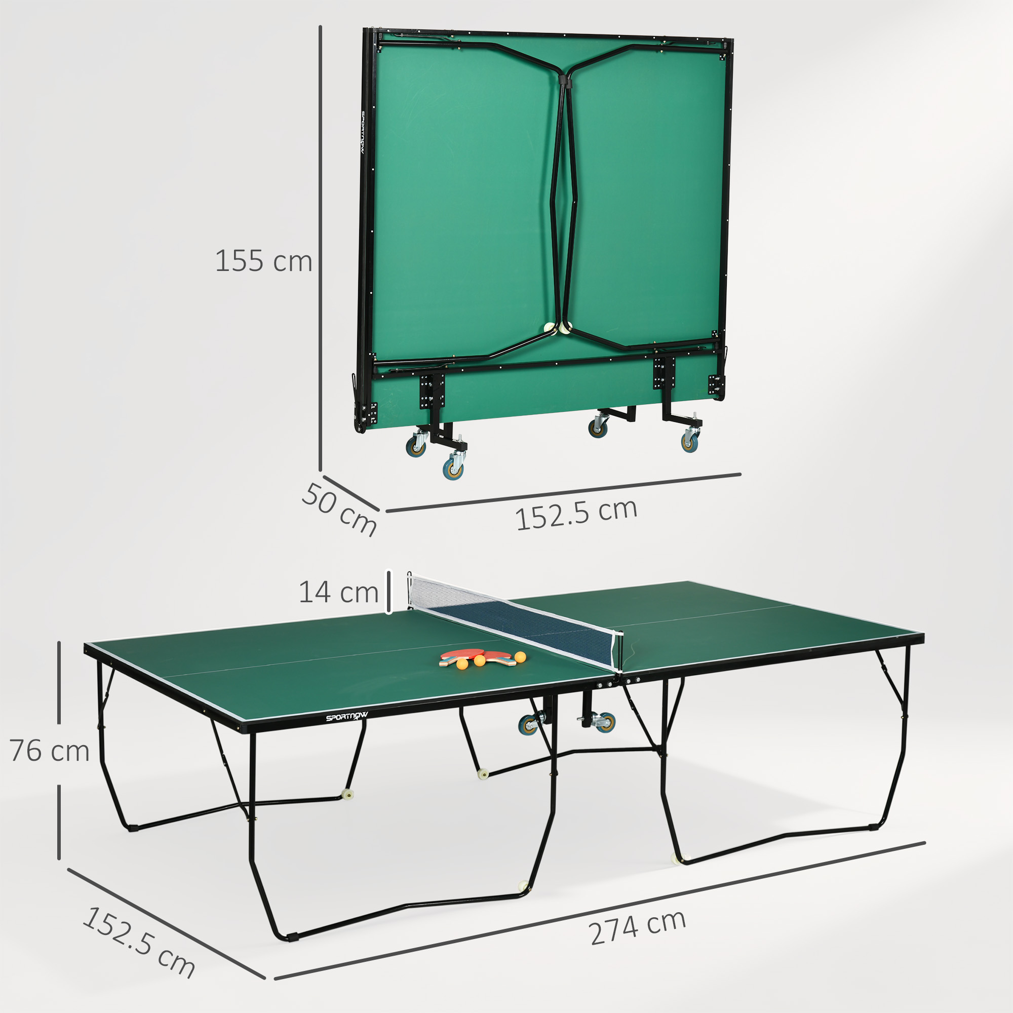 9FT Folding Tennis Table, With 8 Wheels, For Indoor Use, Green_voghion.com