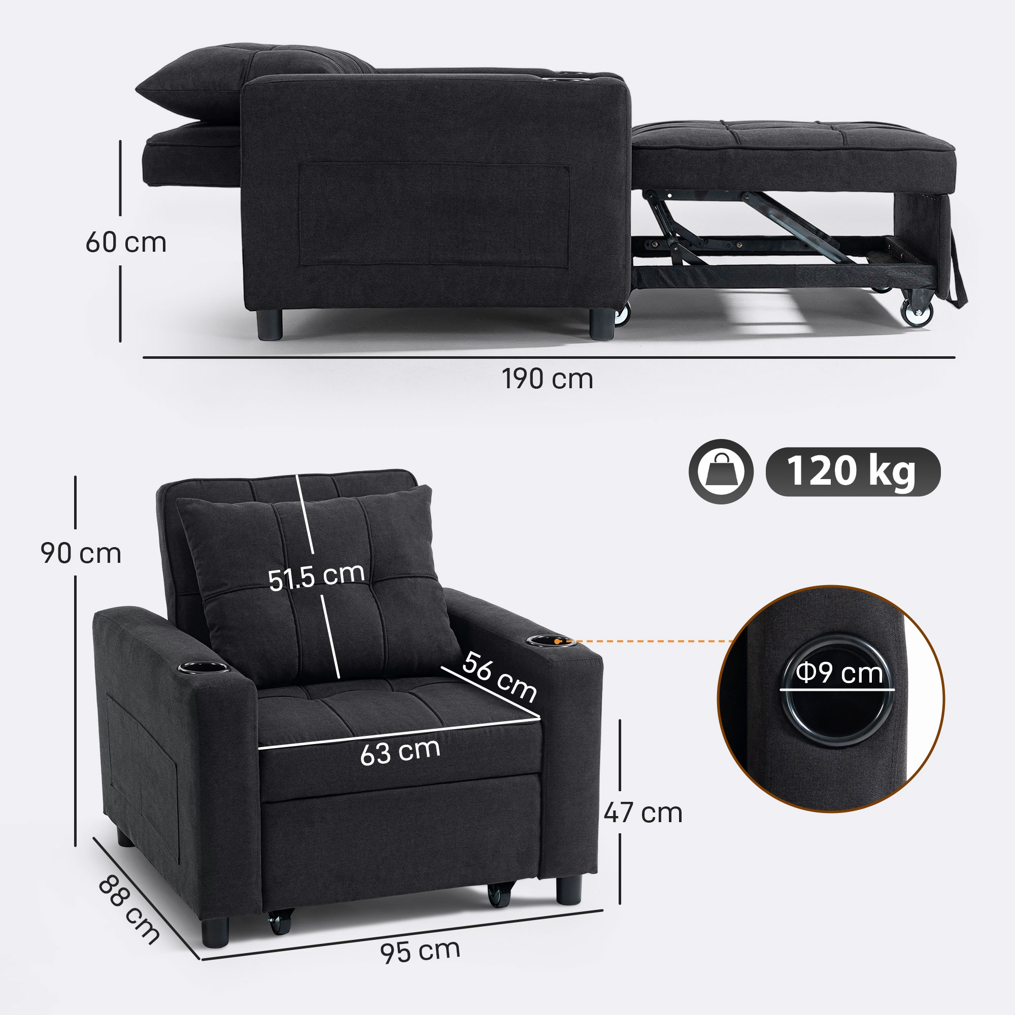 Canapé-lit 3 en 1, fauteuil-lit convertible - Noir_voghion.com