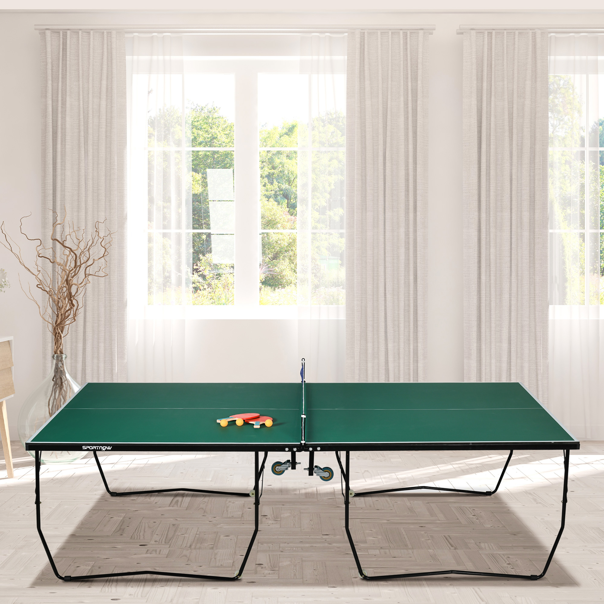 9FT Folding Tennis Table, With 8 Wheels, For Indoor Use, Green_voghion.com