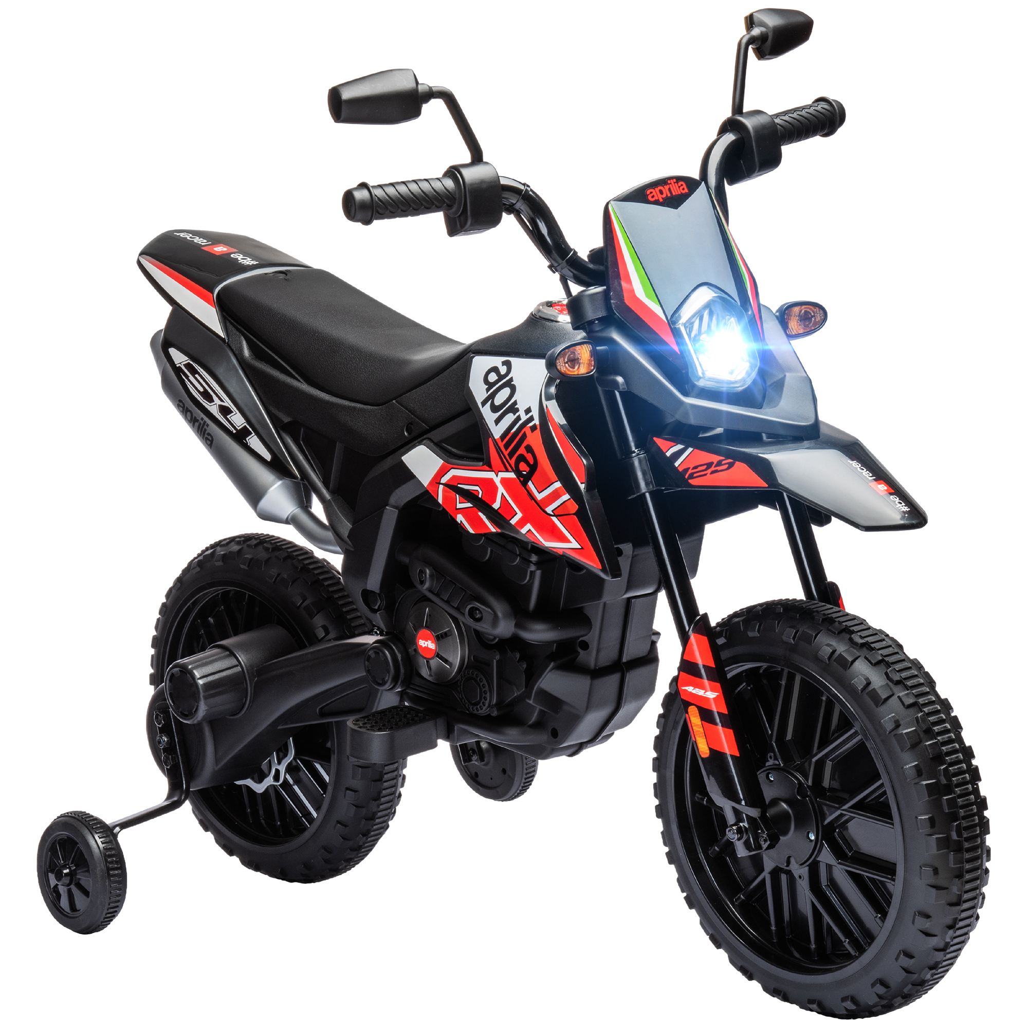12V Aprilia Licenced Kids Motorcycle with Training Wheels, Spring Suspension, LED Light, USB, Music, Red