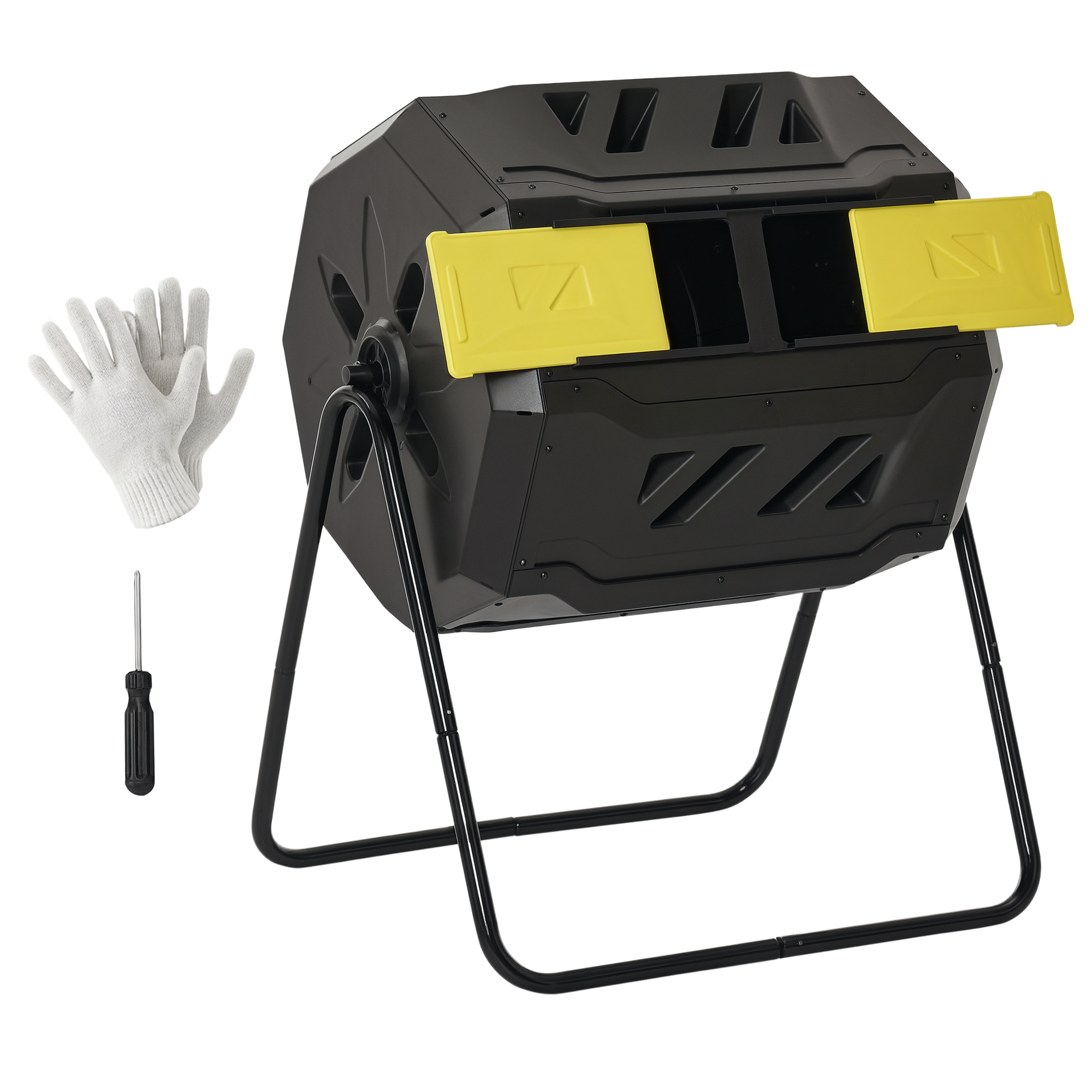 Tumbling Compost Bin Outdoor 360° Dual Chamber Rotating Composter 43 Gallon, Yellow
