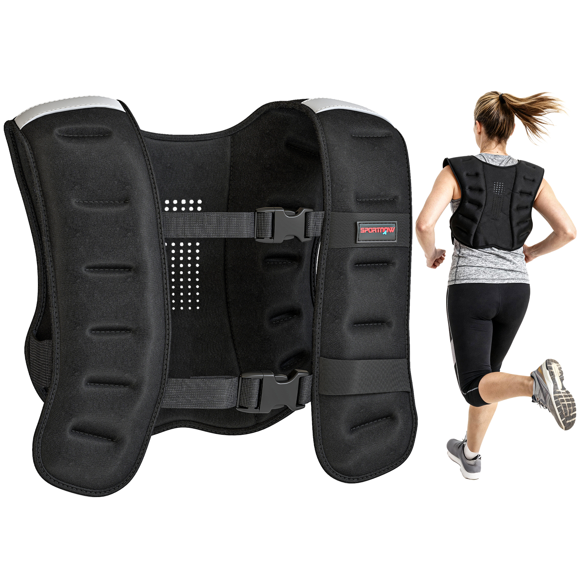 Weighted Vest, 5 Kg Weight Vest With Adjustable Straps, Reflective Strips, Black_voghion.com
