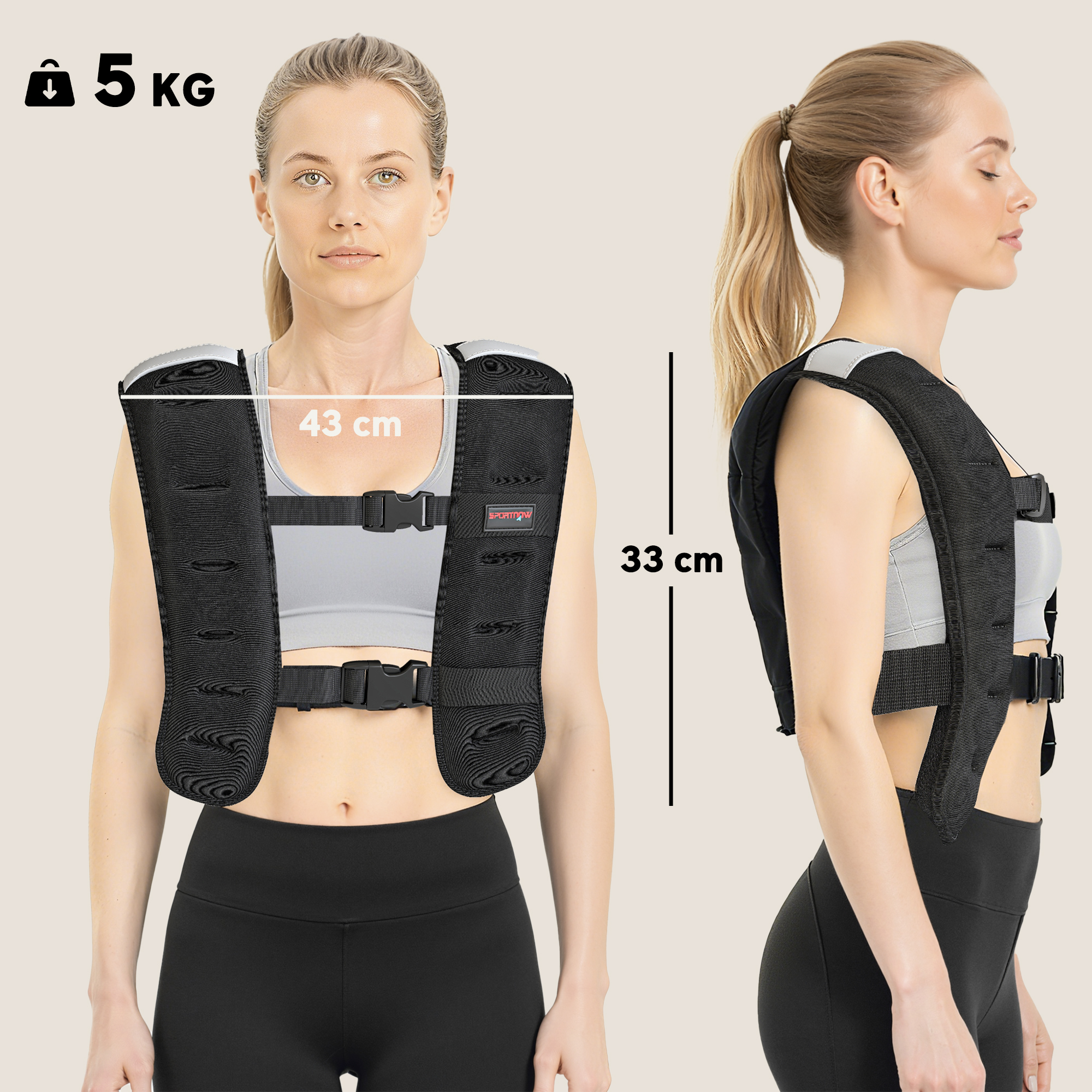 Weighted Vest, 5 Kg Weight Vest With Adjustable Straps, Reflective Strips, Black_voghion.com