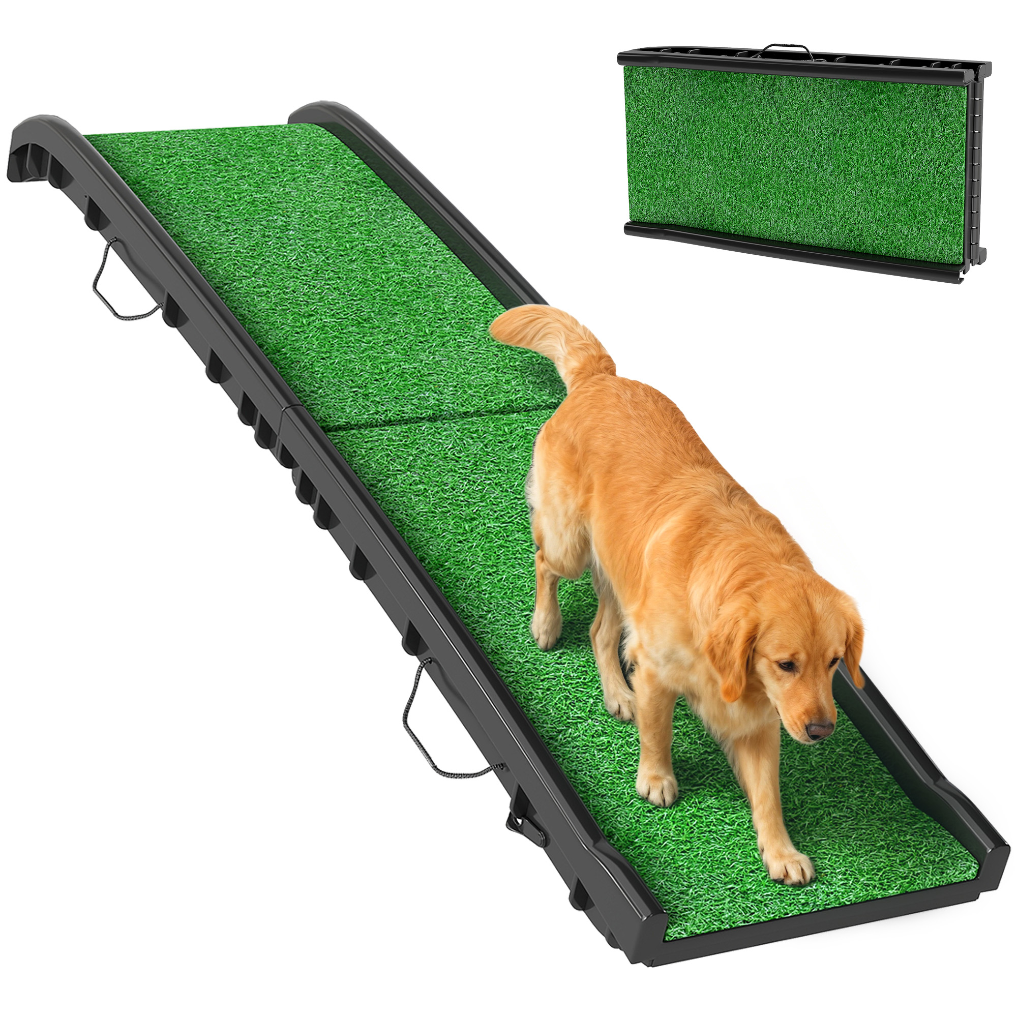 Folding Dog Ramp for Car, 61 Inches Portable Pet Ramp with Non Slip Grass Surface, Raised Side Rails