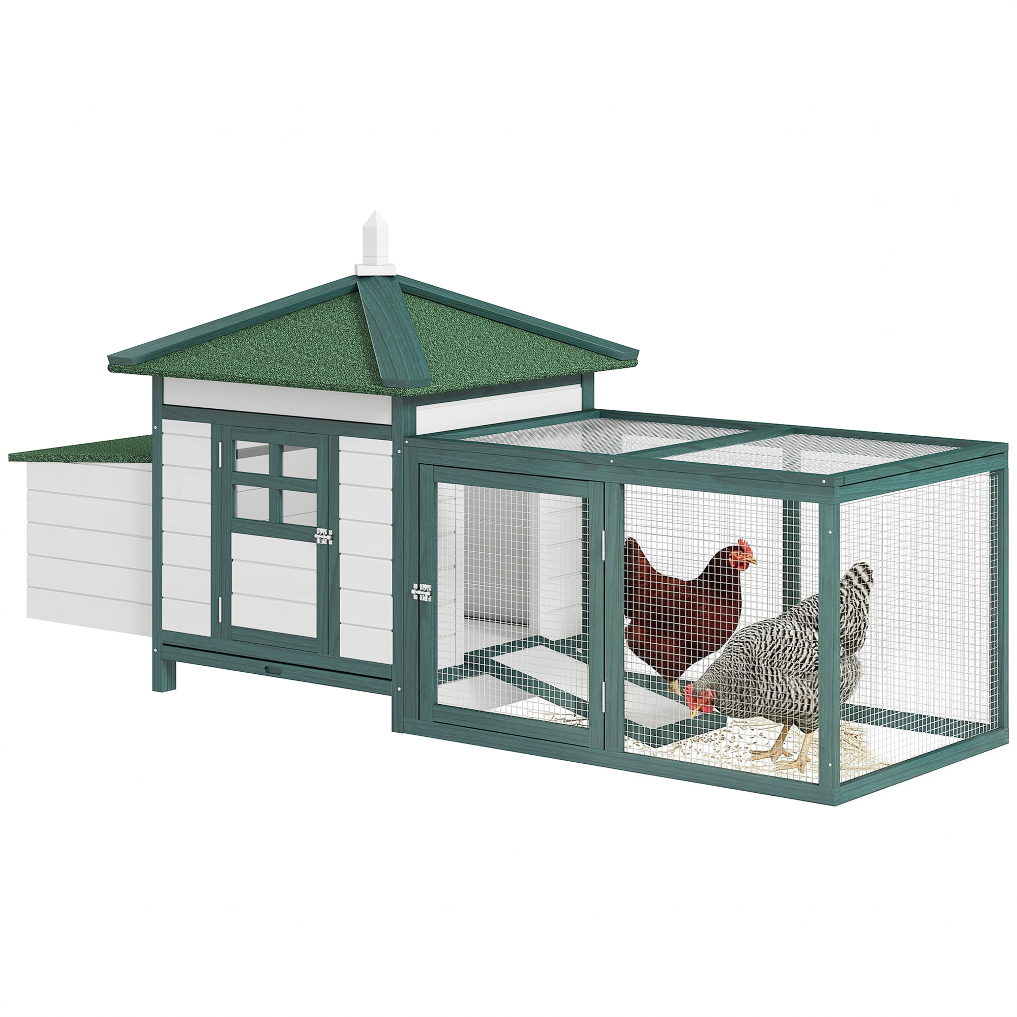 77" Wooden Chicken Coop Hen House Poultry Cage with Weatherproof Roof, Nesting Box, Enclosed Run and Removable Tray for Outdoor Backyard, Green