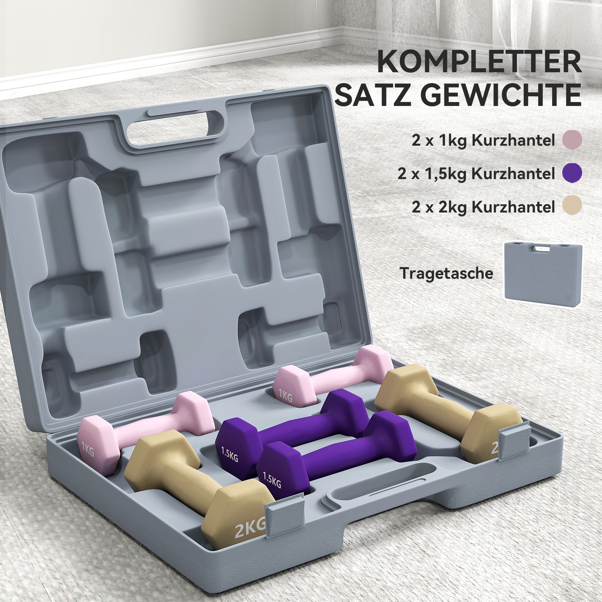 6-teiliges Hantelset Mit Aufbewahrungsbox – 1kg/1,5kg/2kg Paare Stahlkern Mit Rutschfester Beschichtung Ideal For Heimfitness_voghion.com