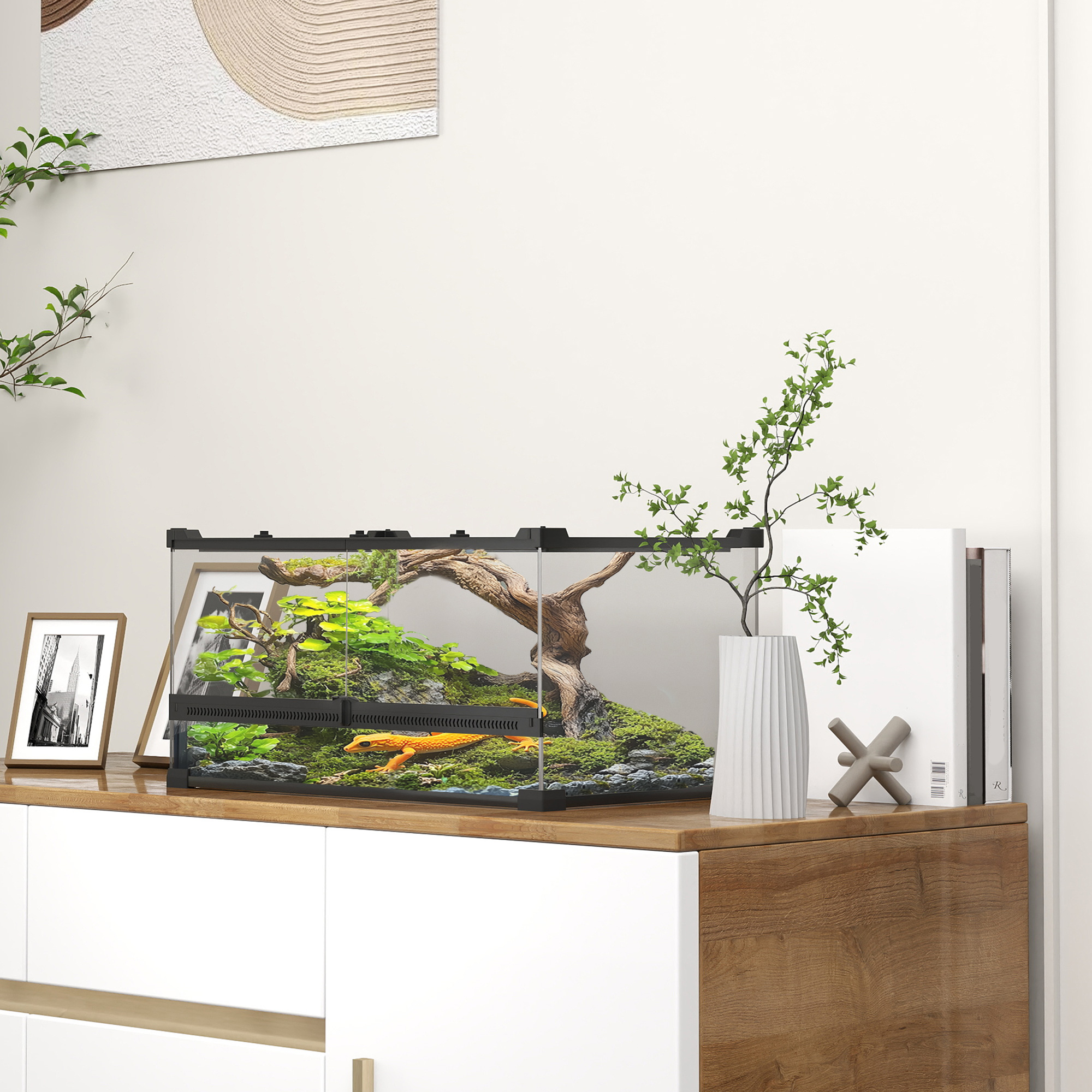 configuración de terrario de vidrio interno para reptiles
