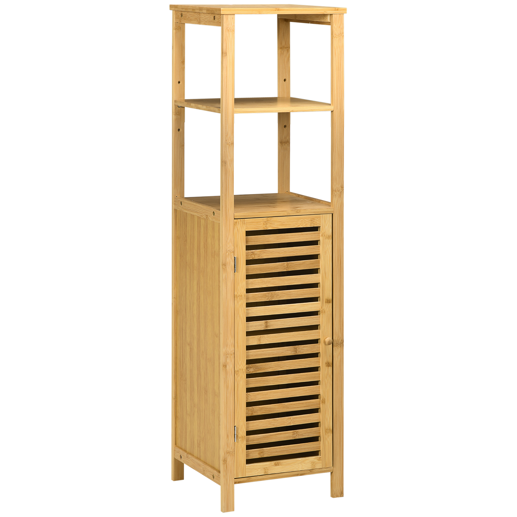 Armario Auxiliar De Baño De Bambú Estantería De Baño Con 2 Estantes Abiertos Y Puerta De Rejilla 32,9x29,9x120cm Natural_voghion.com