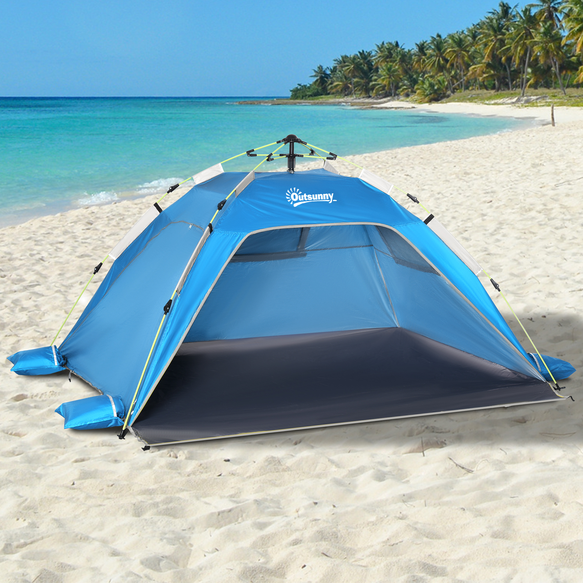 Carpa De Playa Pop-up Para 1-2 Personas Con 2 Accesos Y 2 Ventanas Y Bolsa De Transporte 220x173x120 Cm Azul Claro_ecoleips.com
