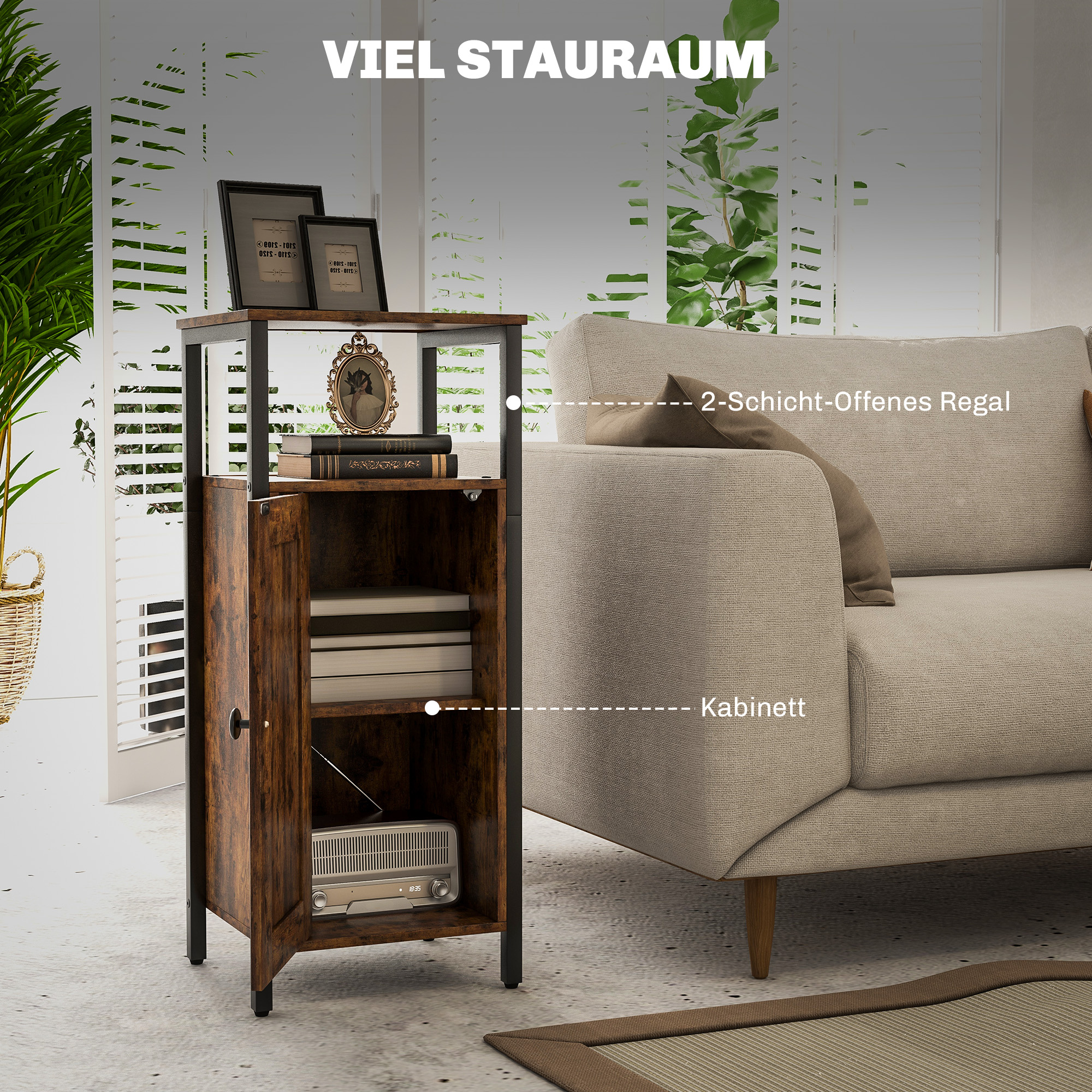 Beistelltisch mit Stauraum, 2 offene Regalfächer, 3-fach höhenverstellbar, Magnetverschluss, braun_voghion.com