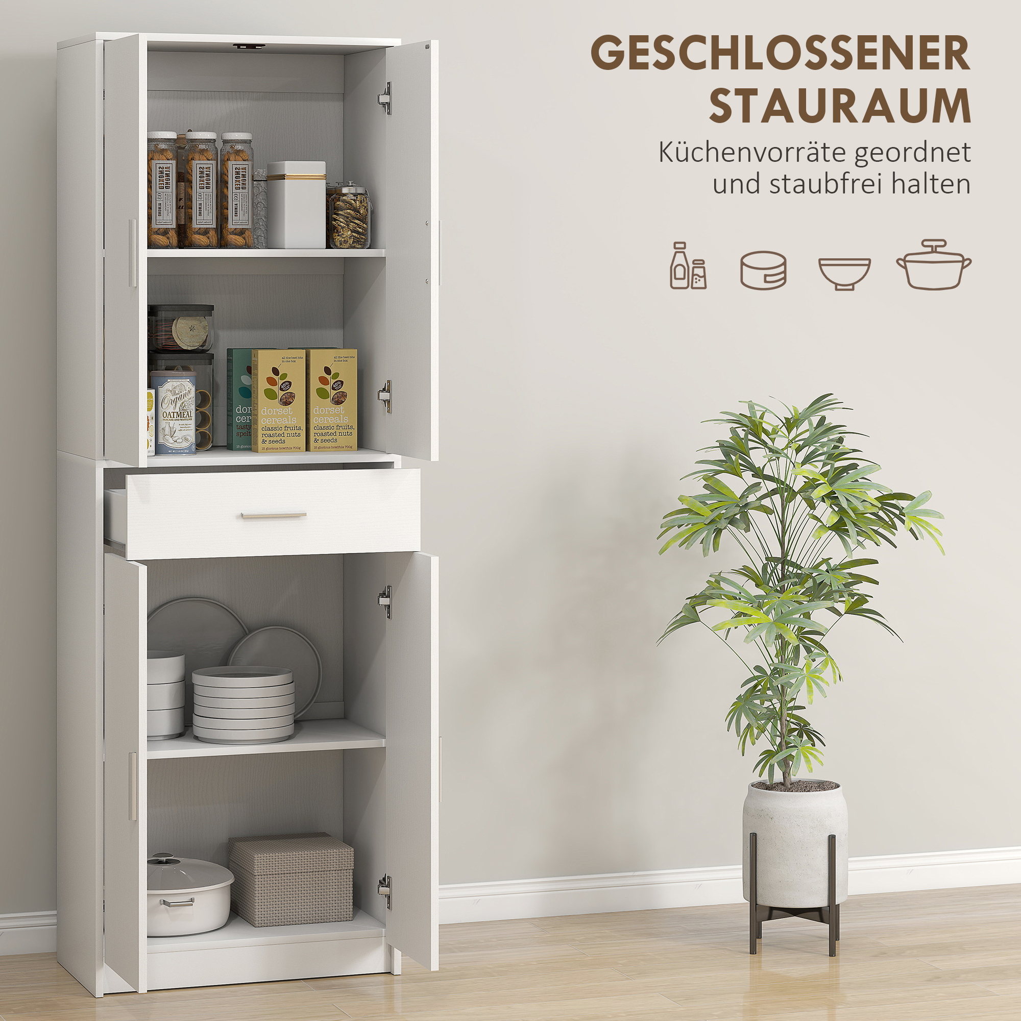 Küchenschrank, 3-stufig verstellbare Einlegeböden, Spanplatte, MDF, großer Stauraum, Weiß_voghion.com