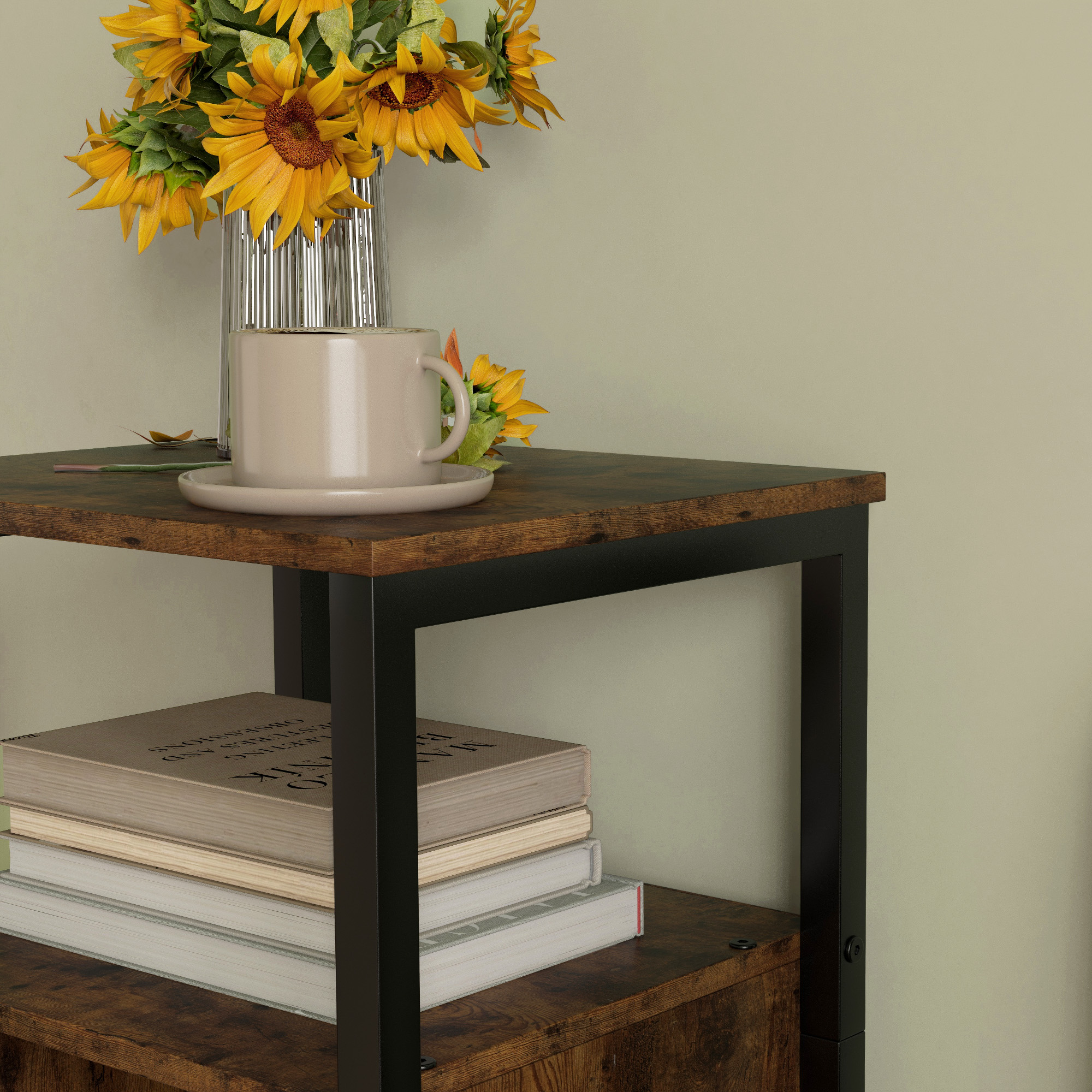 Beistelltisch mit Stauraum, 2 offene Regalfächer, 3-fach höhenverstellbar, Magnetverschluss, braun_voghion.com